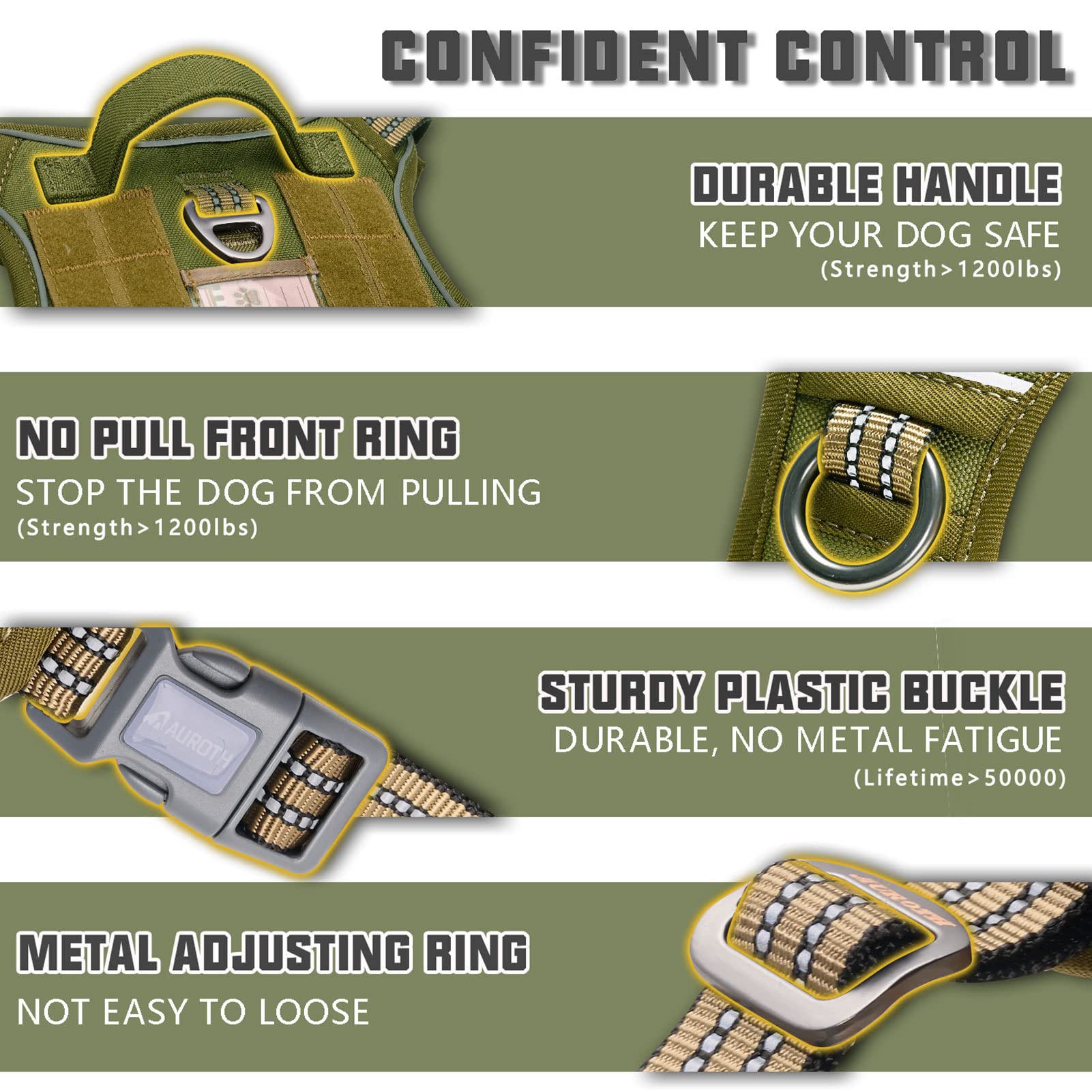 Auroth Tactical Dog Harness For Small Medium Large Dogs No Pull Adjustable Pet Harness Reflective K9 Working Training Easy Control Pet Vest Military Service Dog Harnesses M, Green
