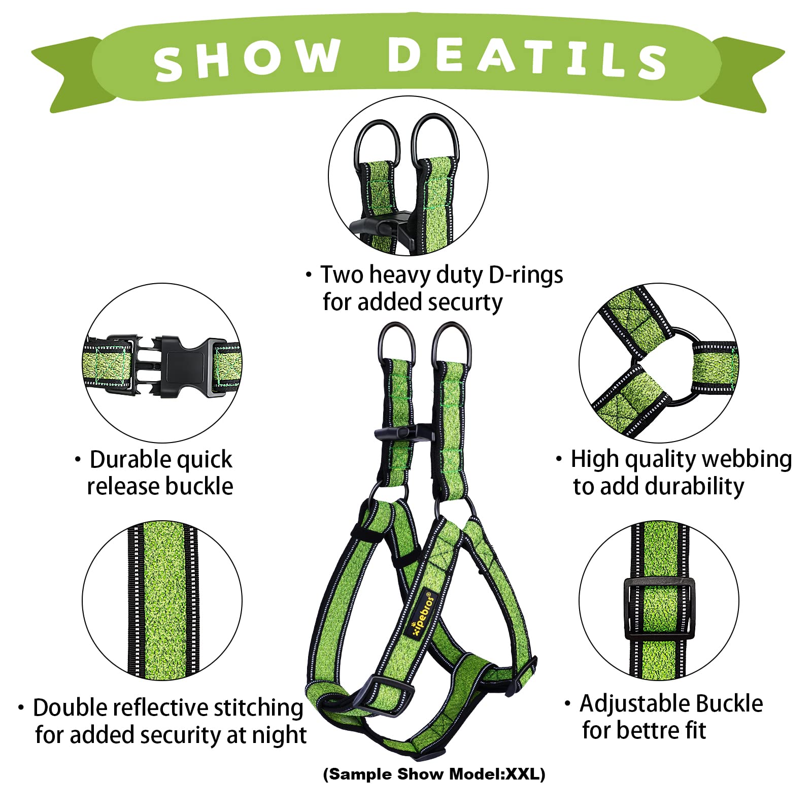 Xipebros Dog Harness,No Pull Dog Harness With Reflective Adjustable,Stops Pets From Pulling And Choking On Walks,Dog Harness For Large Dogs (Green, Xxl)