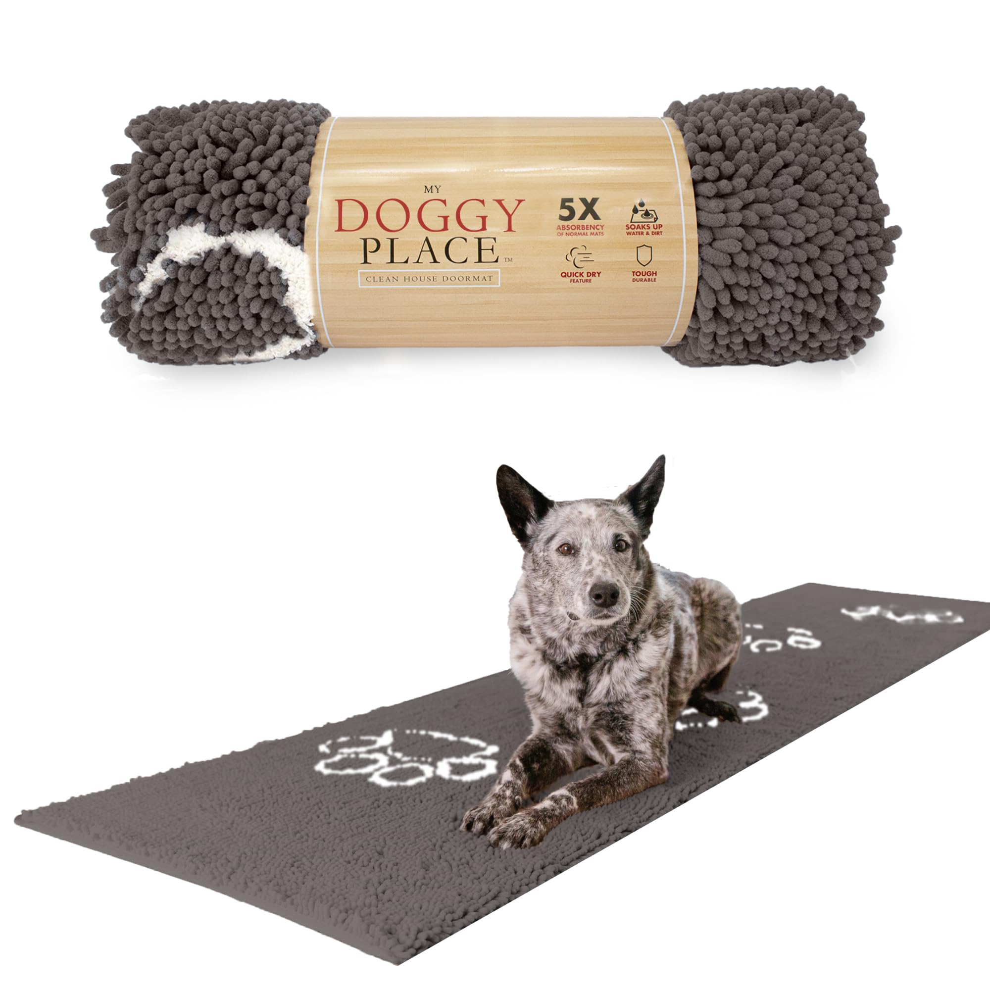 My Doggy Place Microfiber Dog Mat for Muddy Paws, 8 x 2 Ash with Paw Print - Non-Slip, Absorbent and Quick-Drying Dog Paw Clea
