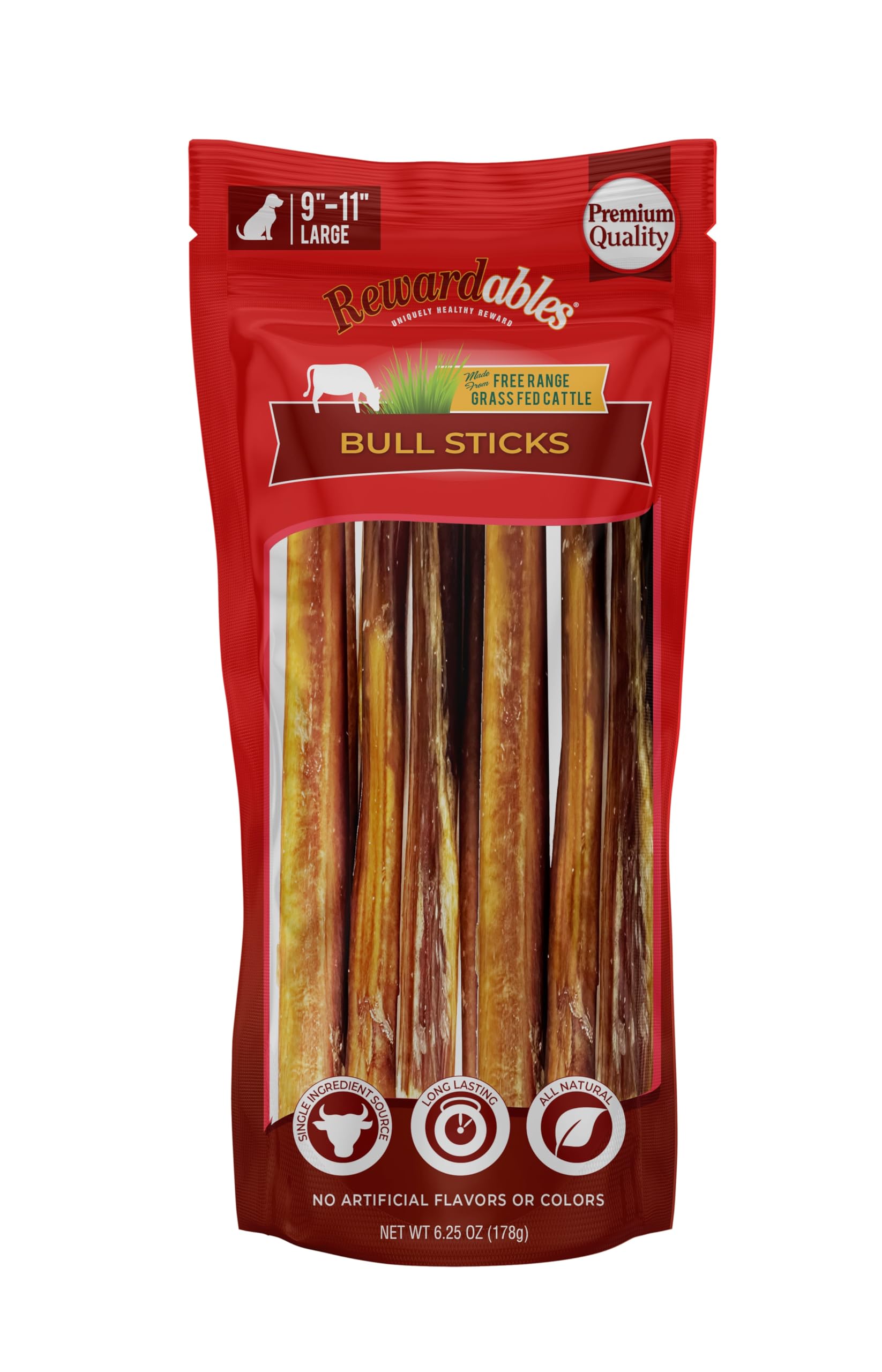 Rewardables Bully Sticks, Large, Single-Ingredient, Premium, All-Natural Grass-Fed Bull Stick, Long Lasting Dog Chew for Aggress
