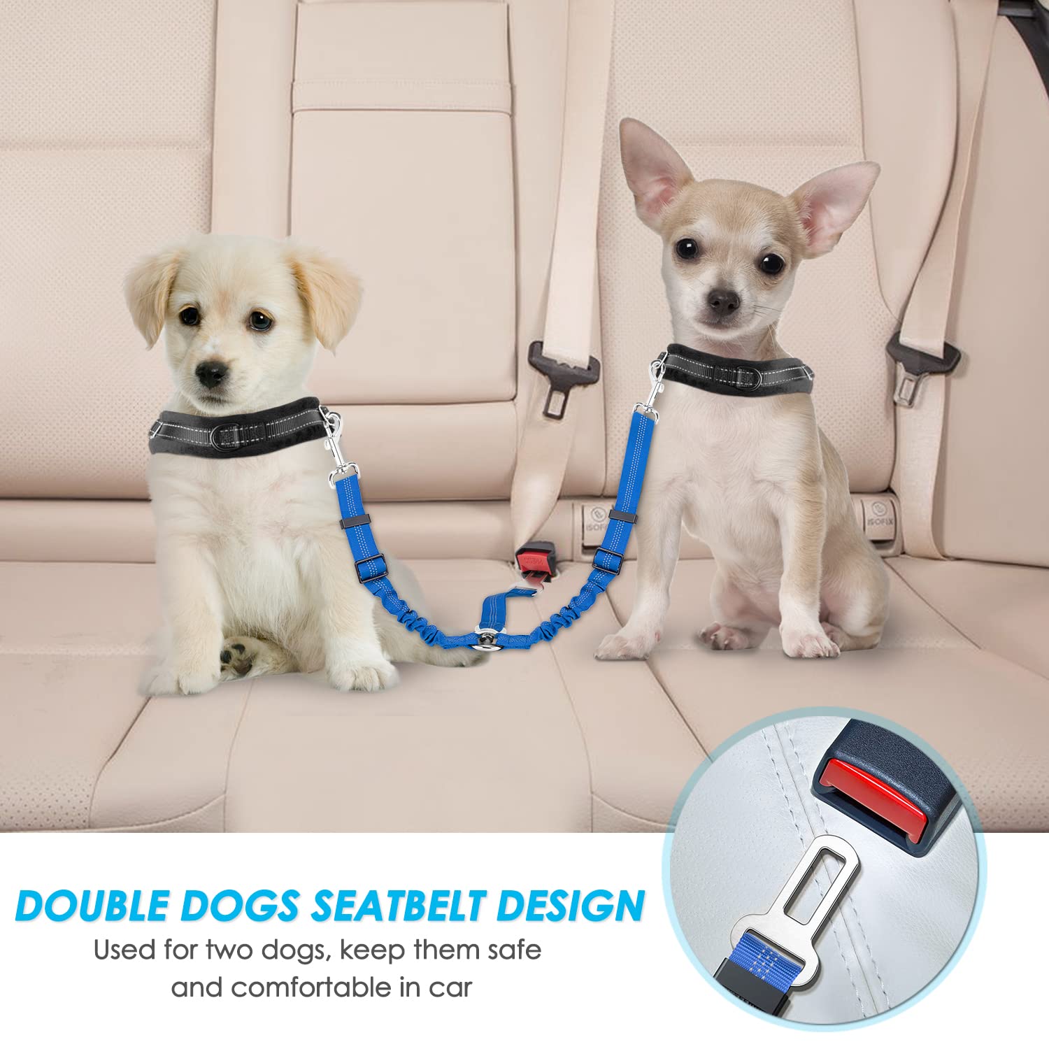 Slowton Dog Seat Belt, Double Dog Seatbelt Adjustable Vehicle Safety Leash With Elastic Bungee Buffer, Reflective No Tangle Y Shape Two Dog Harness Seat Belt Splitter For Pets Car Trip (Light Blue, S)
