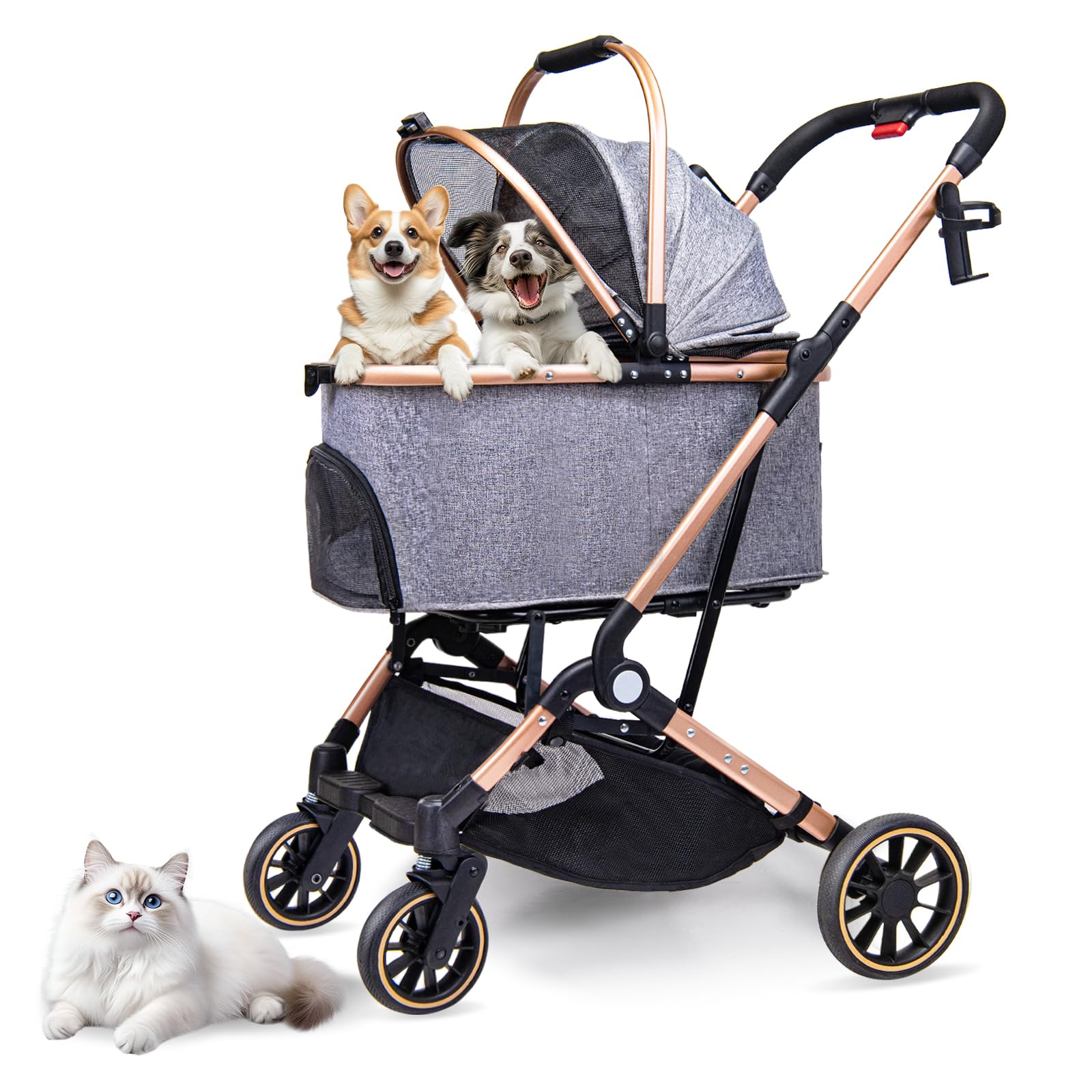 Lensemus Foldable Medium Dog Stroller - 3 In 1 Pet Stroller With Detachable Storage Basket 4 All-Terrain Rubber Wheels Pull Rod 