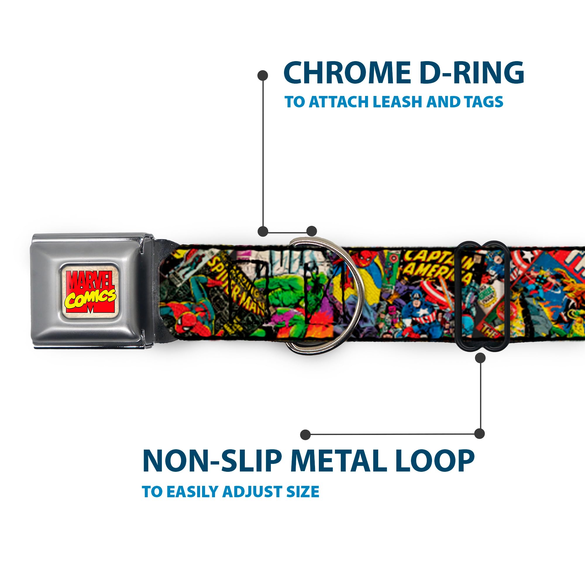 Buckle-Down Seatbelt Buckle Dog Collar - Retro Marvel Comic Books Stacked Close-Up - 1'' Wide - Fits 11-17'' Neck - Medium, Mult