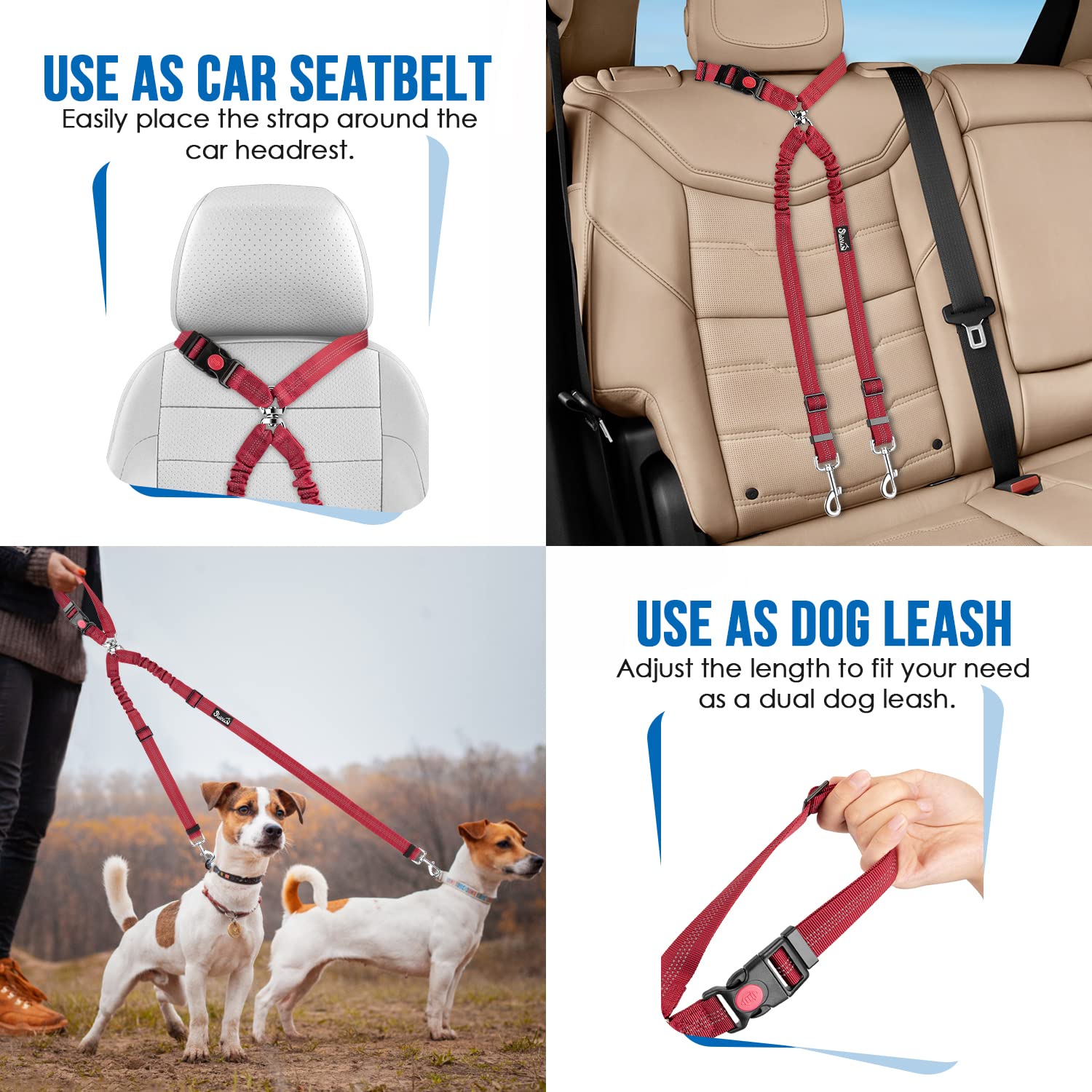 Lukovee Double Dog Seat Belt, New Dual Pet Car Headrest Restraint Safety Seatbelt No Tangle Dog Leash Duty Adjust Elastic Bungee