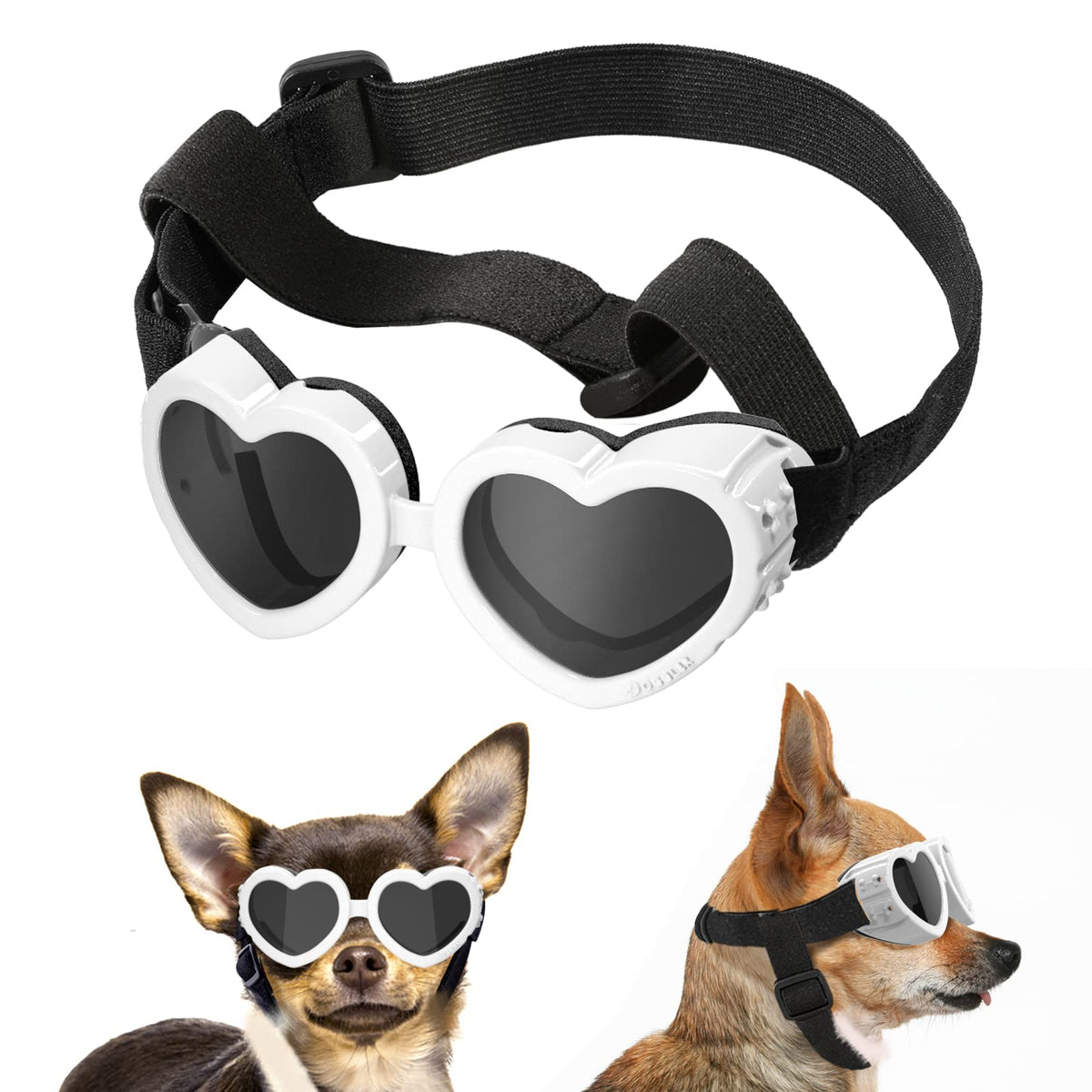 Lewondr Small Dog Sunglasses Uv Protection Goggles Eye Wear Protection With Adjustable Strap Doggy Heart Shape Anti-Fog Sunglasses For Pet Dogs Sun Glasses Doggie Windproof Glasses, White