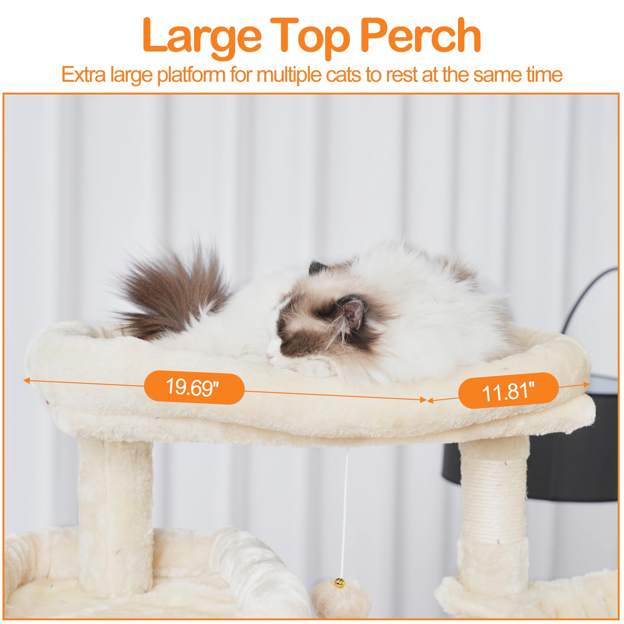Heybly Cat Tree - 71-Inch Beige Tower with 2 Perches, 2 Condos, Hammocks, Scratching Pad, Engineered Wood, Model HCT034M