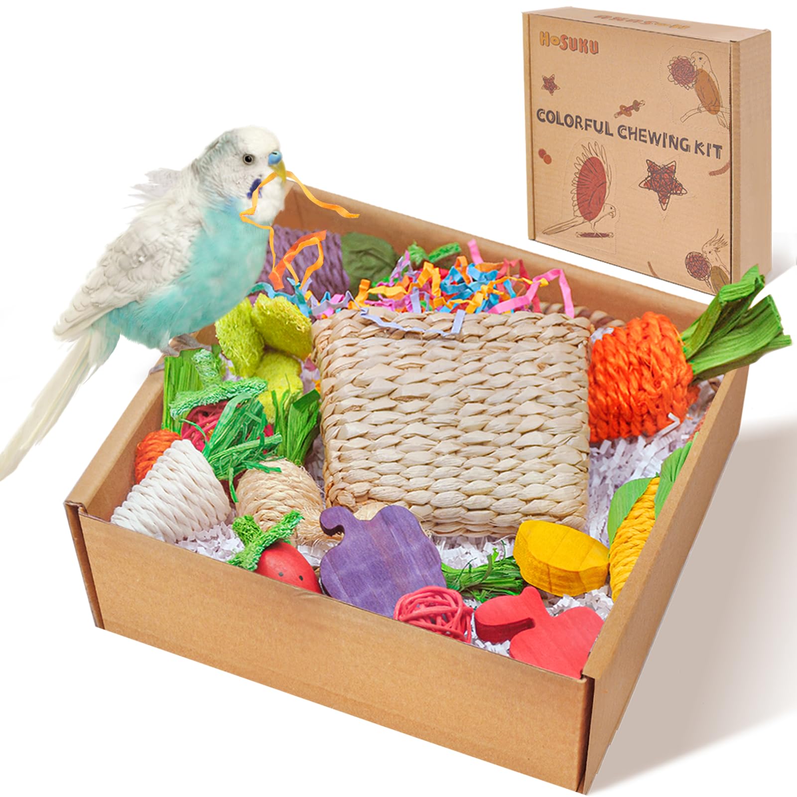 HOSUKU Colorful Bird Foraging & Parrot Shredding Toys Box - Safe Fruit & Vegetable Bird Toys, Perfect for Parakeets, Cockatiels,