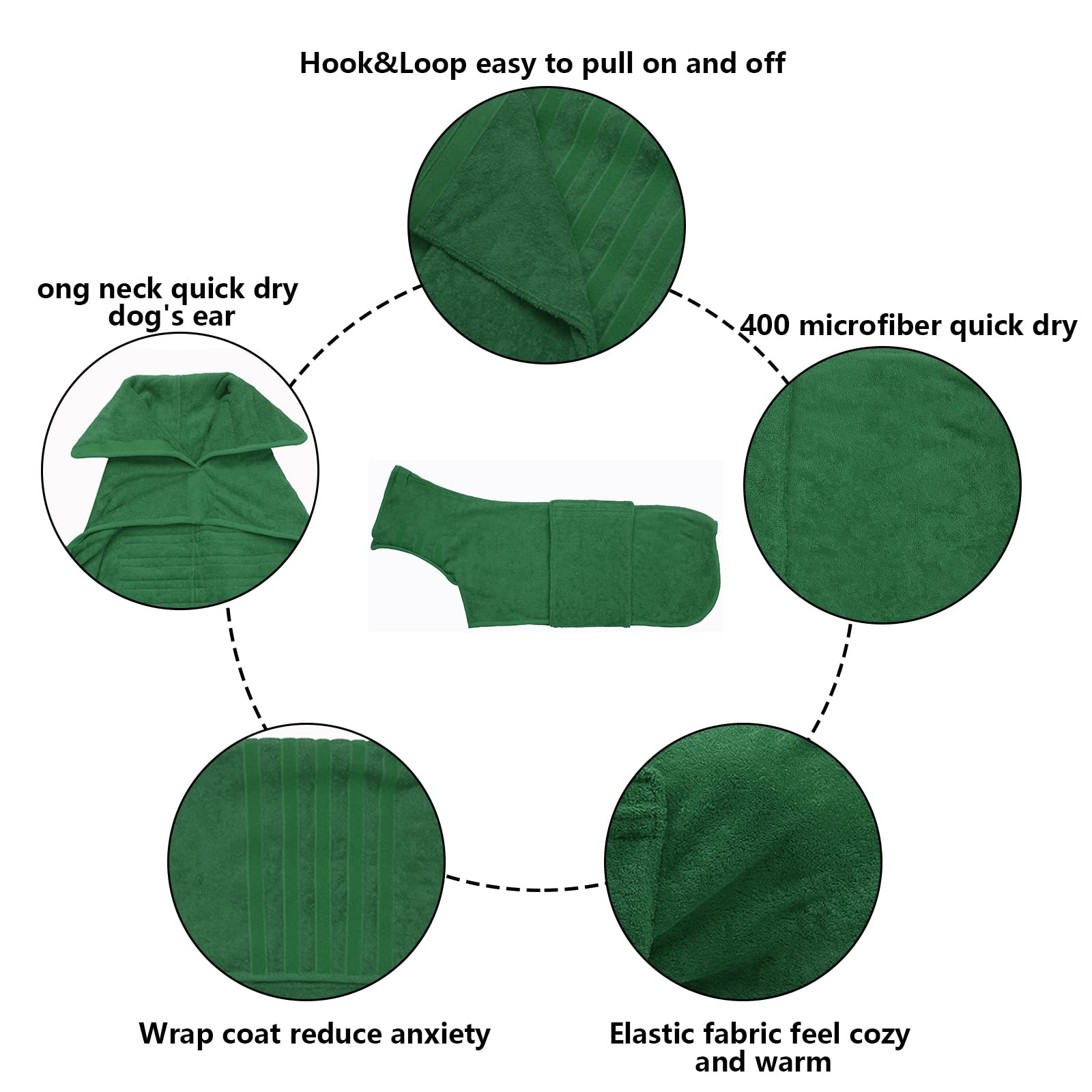 Dog Drying Coat Dressing Gown Towel Robe Pet Microfibre Super Absorbent Anxiety Relief Designed Puppy Fit For Xs Small Medium Large Dogs - Green - L