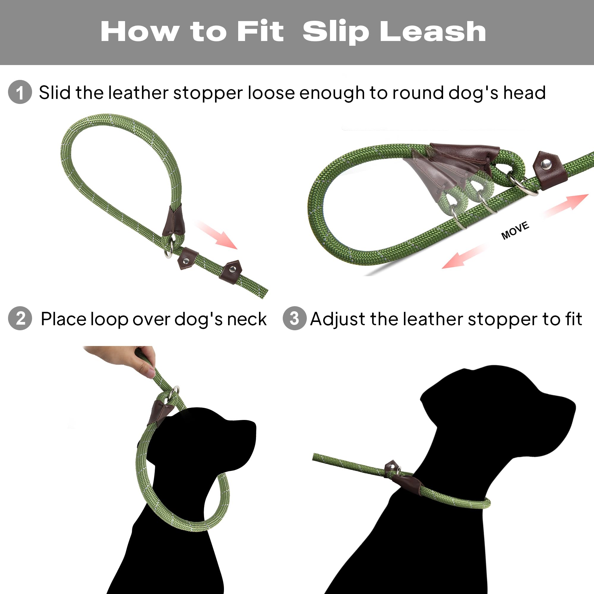 Twoear Dog Leash Dog Slip Rope Leash 6Ft Dog Training Leash Heavy Duty Strong Slip Lead Highly Reflective Threads For Small Medium And Large Dogs (Slim(3/8''X6Ft), Green)