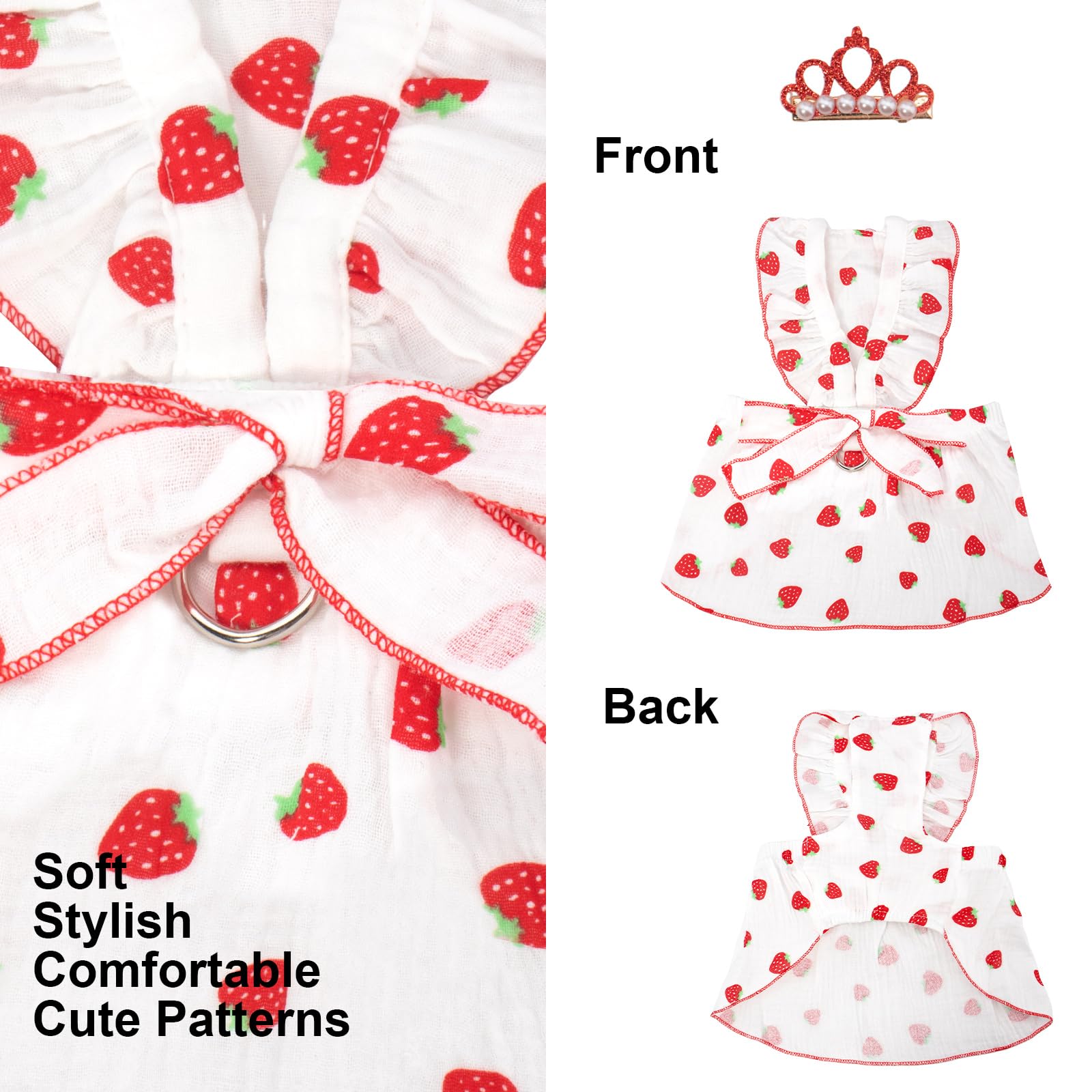 Dog Dresses For Small Dogs Girl, Puppy Dress Strawberry Print Cat Dress Summer Clothes Bow Skirt With Crown Hair Clip, Small Dog