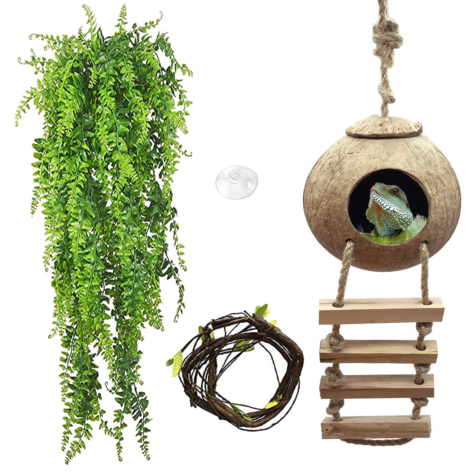 PINVNBY Crested Gecko Coconut Hut with Ladder,Natural Lizard Coconut Shell Hideout Home Reptile Coco Den with Jungle Climber Vin