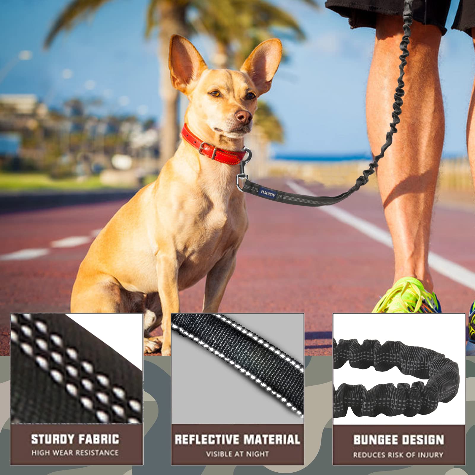 Auroth Heavy Duty Bungee Dog Leash For Shock Absorption - 6Ft Black Training Leash With 2 Padded Handles For Medium Large Breed