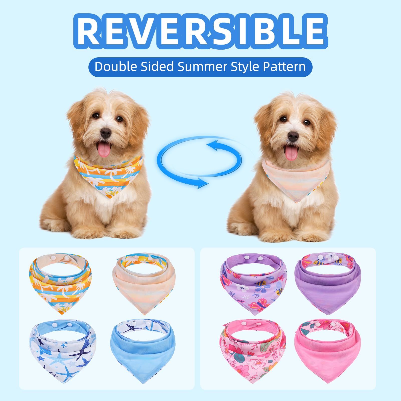 Pawchie Dog Cooling Bandana Small, 4 Packs Ice Cool Pet Triangle Scarf Bibs Reversible Styles, Summer Adjustable With Two Snaps,