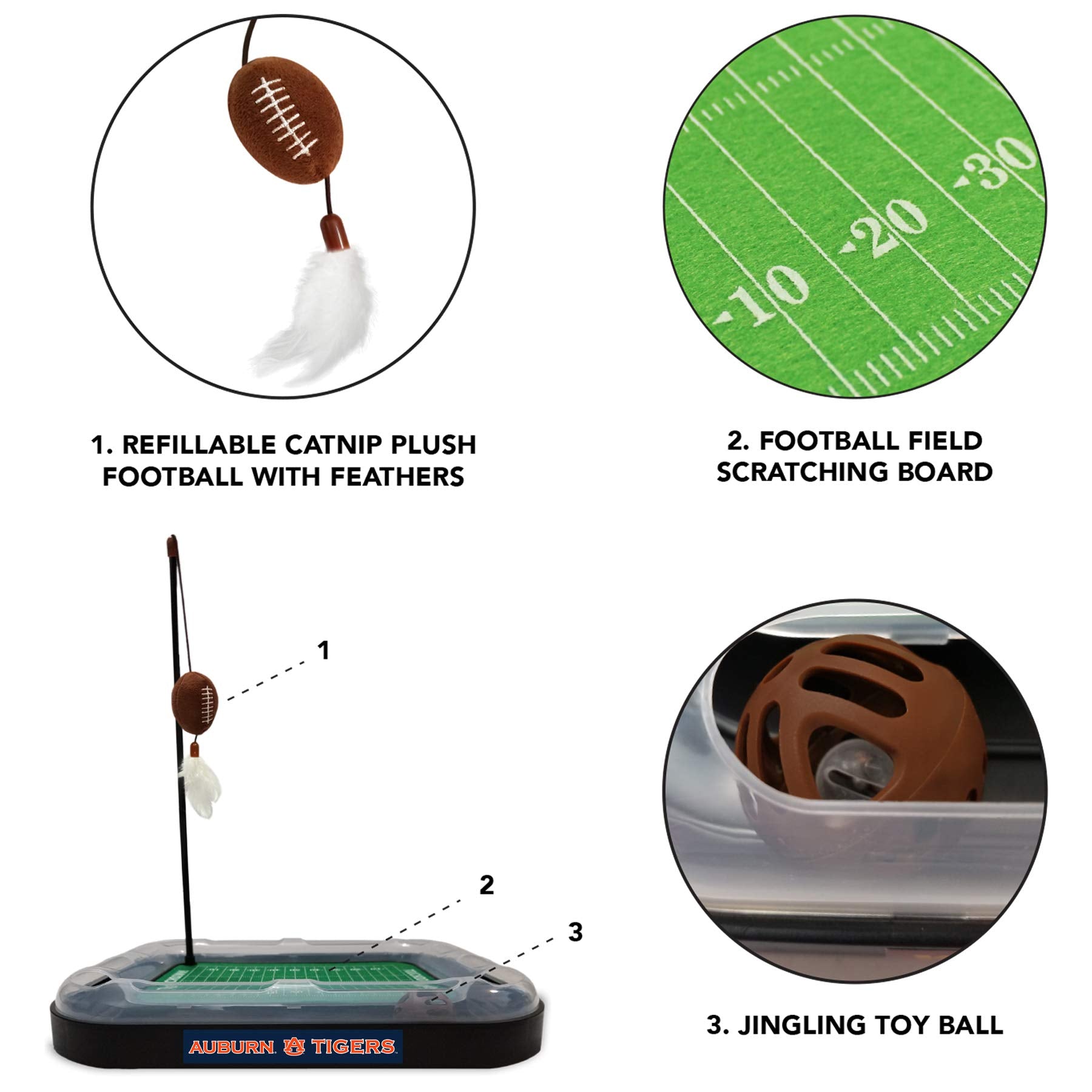 Pets First Ncaa Auburn Tigers Reversible Football Field Cat Scratcher Toy With Catnip Filled Plush Football Toy&Feather Cat Toy