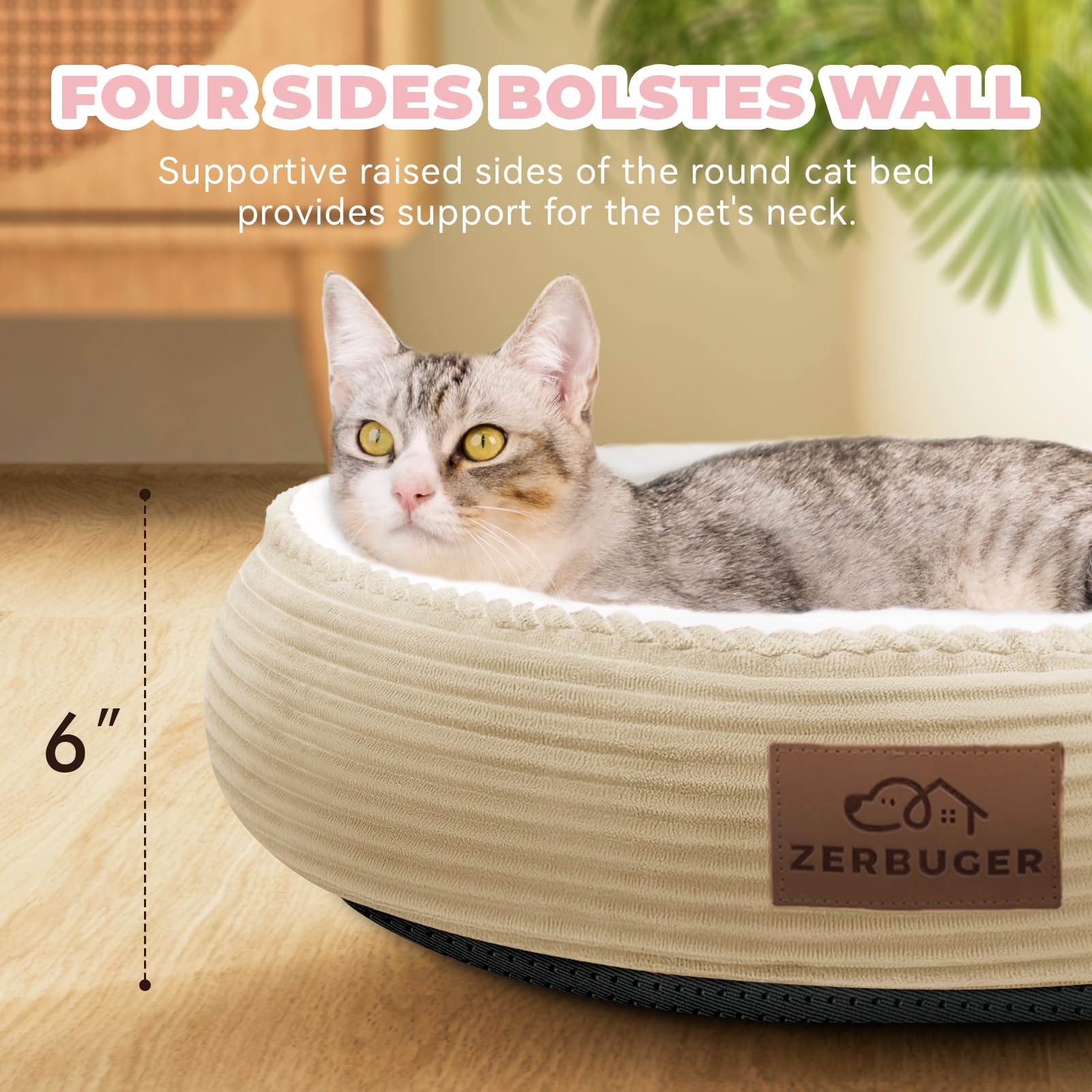 Zerbuger 20in Camel Cat Dog Bed - Machine Washable, Non-Slip, Soft Pet Cuddler for Indoor/Outdoor Use