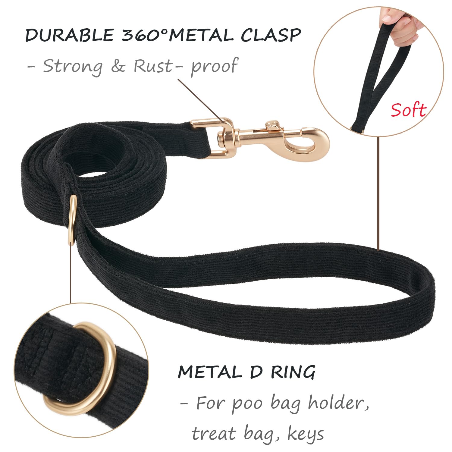 Petiry Soft Corduroy Fibric Dog Leash, 5 Feet Length Lead With Heavy Duty Rotating Hook, For Medium Large Dogs.(M,Black)