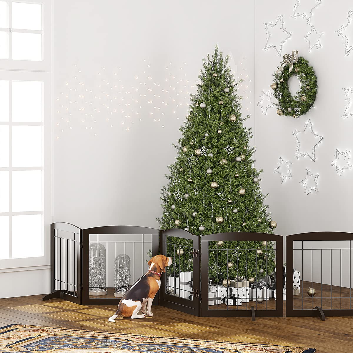 Pawland Free Standing Pet Gate With Door Walk Through, Dog Gate For The House, Doorway, Stairs, 80 Inch Wide Puppy Safety Fence, Support Feet Included, 4 Panels, 24 Inches Tall (Espresso)