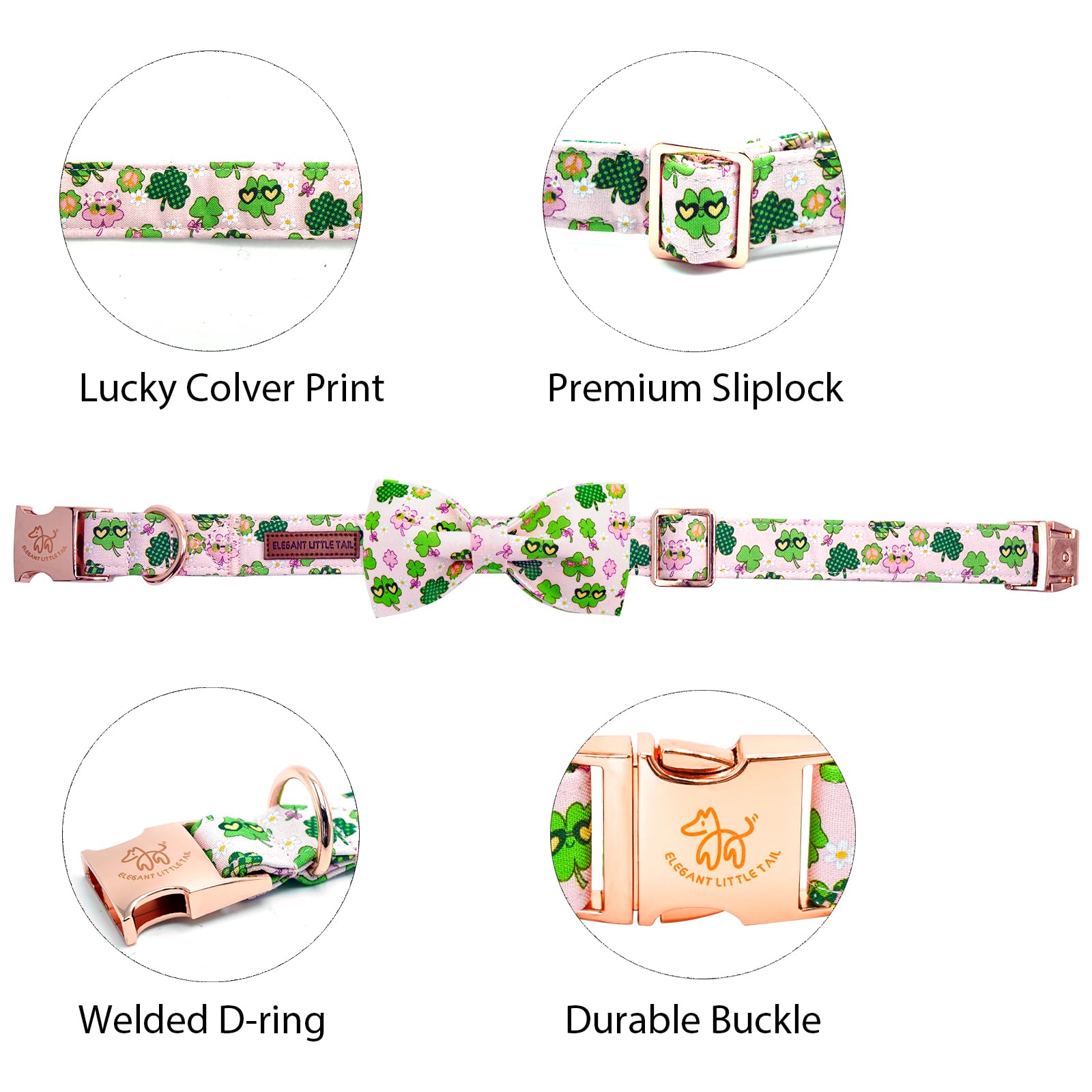 Elegant little tail St Patrick's Dog Collar, Cute Colver Cotton Shamrock Pet Collar Trefoil Soft Puppy Collar Pink Holiday Adjus