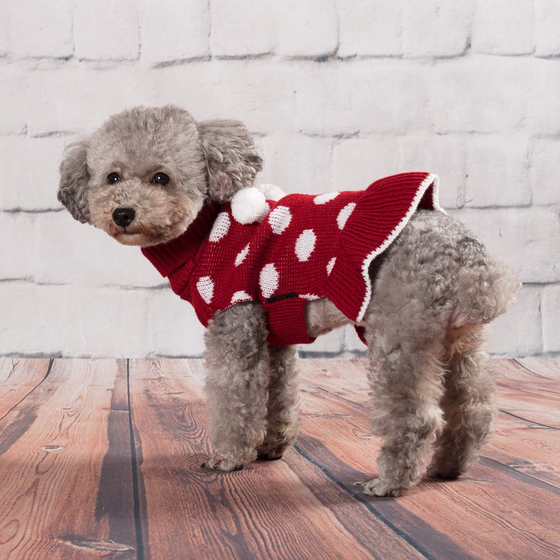 Kyeese Dog Sweater Dress With Leash Hole Small Turtleneck Dog Sweater Dress Polka Dot Knit Warm Puppy Sweater With Pom Pom Ball