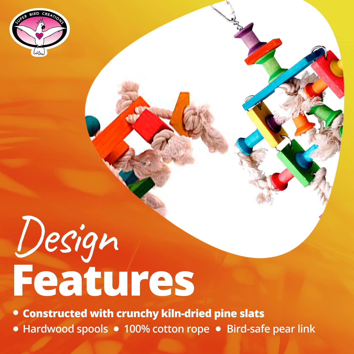 Super Bird Creations Sb468 Dancing Spools Bird Toy With Colorful Wooden Spools And Cotton Rope - Ideal For Ringnecks, Parrots, Quakers - Preening And Chewing Toy - Medium Bird Size - 13' X 8' X 2'