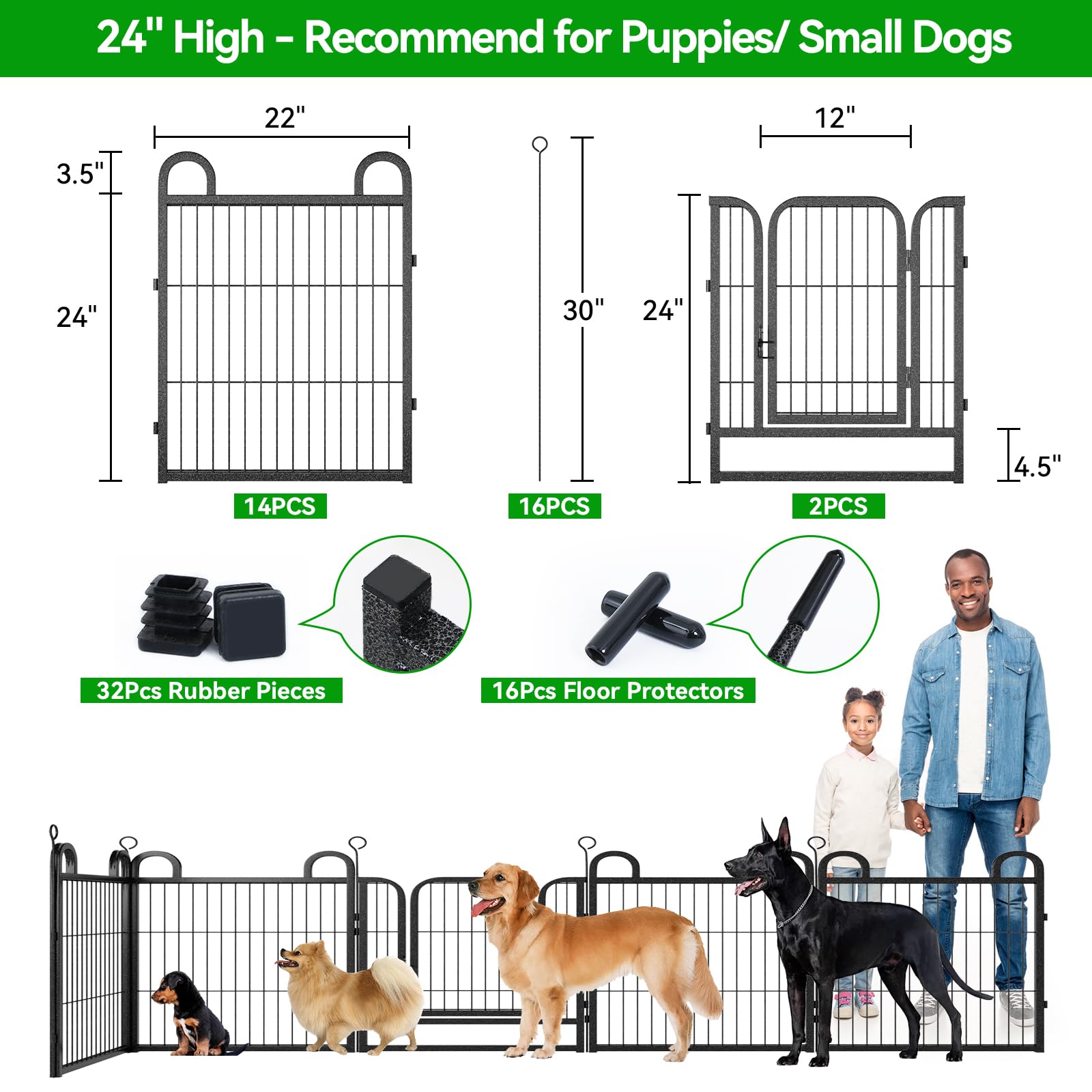 Puppy Playpen 16 Panels Small Dog Fence Outdoor Indoor Use 24' Height Anti-Rust With Doors Portable Dog Play Pen For Rv Camping