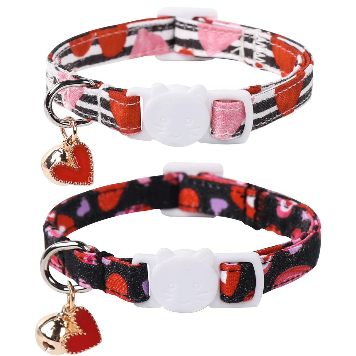 Lionet Paws 2Pcs Pack Valentine'S Day Cotton Cat Collar,Breakaway Buckle With Black Stripe Pink Heart Cute Adjustable Cat Kitten