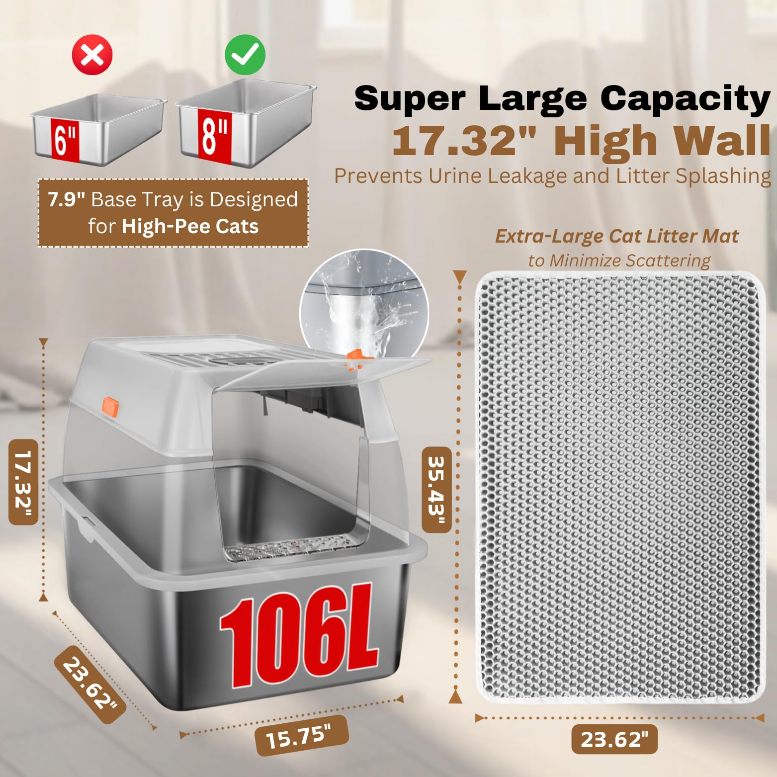 Fully Enclosed Xxl Stainless Steel Litter Box With Lid, 8    Deep Pan, Large Stainless Steel Cat Litter Box For Big Cat With Sco