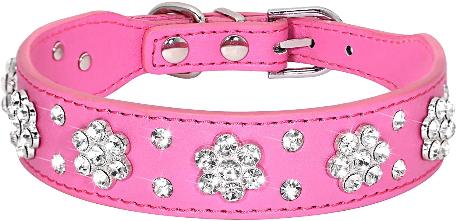 Serijoars Cute Flower Rhinestone Dog Collar, Bling Collar Pu Leather, Adjustable Sizes (Xs, Hot Pink)