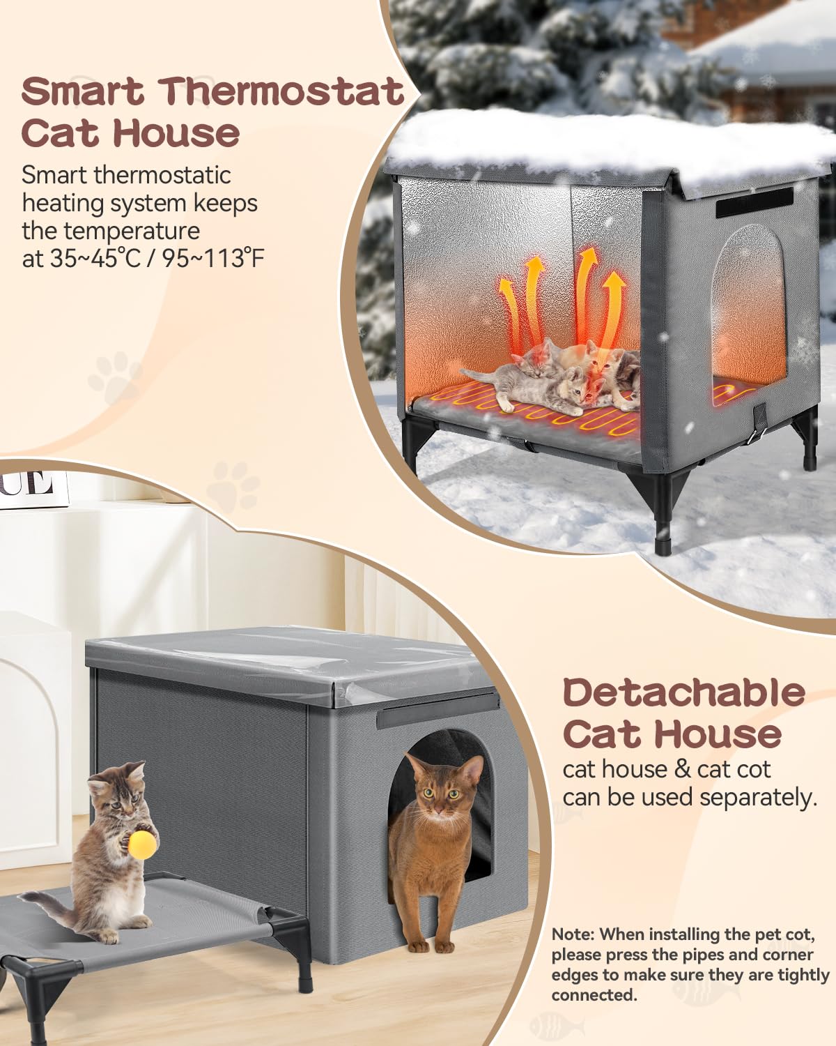 herehomi Heated Cat House - Foldable Outdoor Shelter with Waterproof PVC Roof, Insulated Heating Pad, Extra Large, Gray, Model CatH-FA