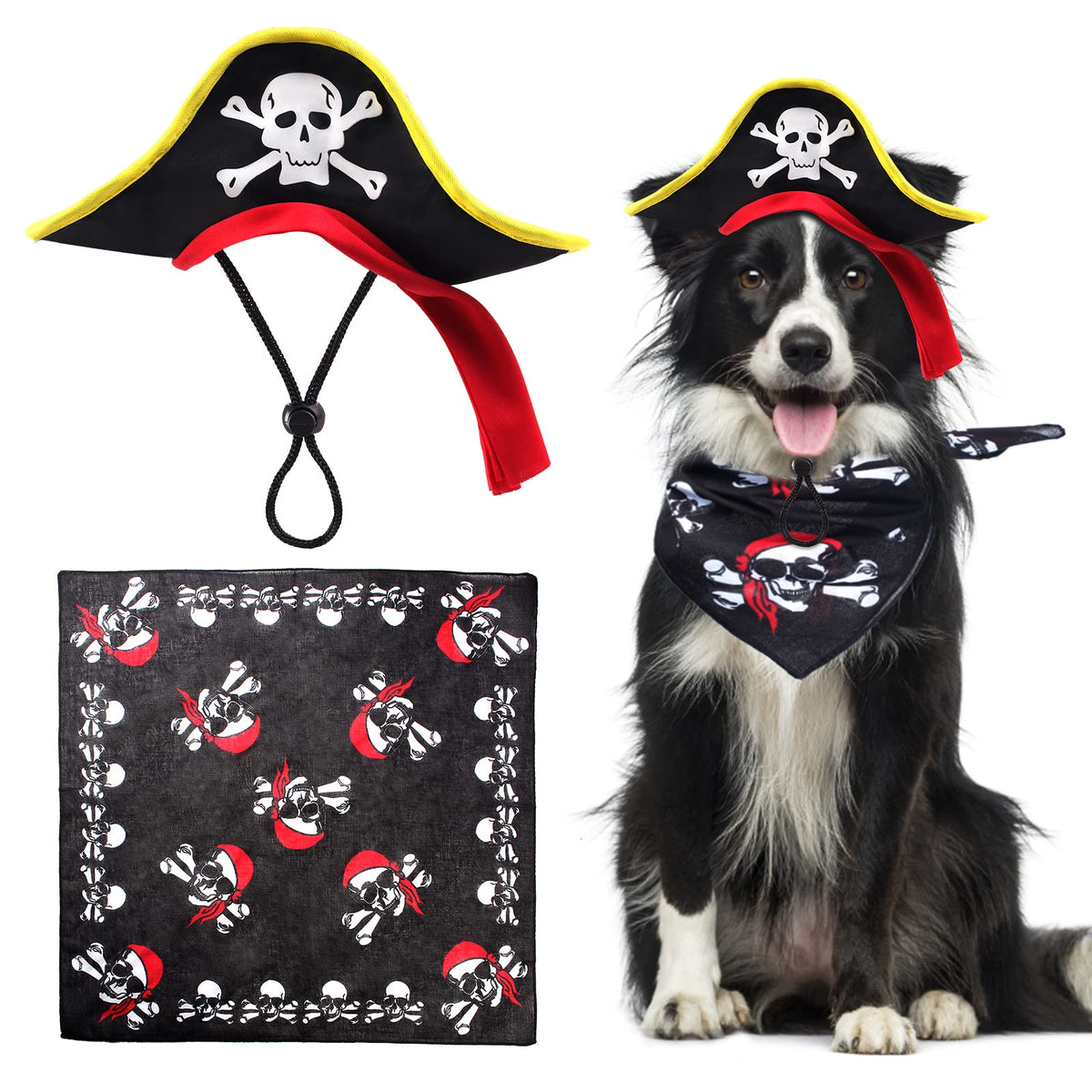 Aichiyu 2 Pieces Skull Print Pet Pirate Hat With Pirate Skull Bandana Dog Cat Captain Cap Halloween Pirate Cosplay Costume Halloween Party Hat Dress Up Costume Accessories (B) One Size