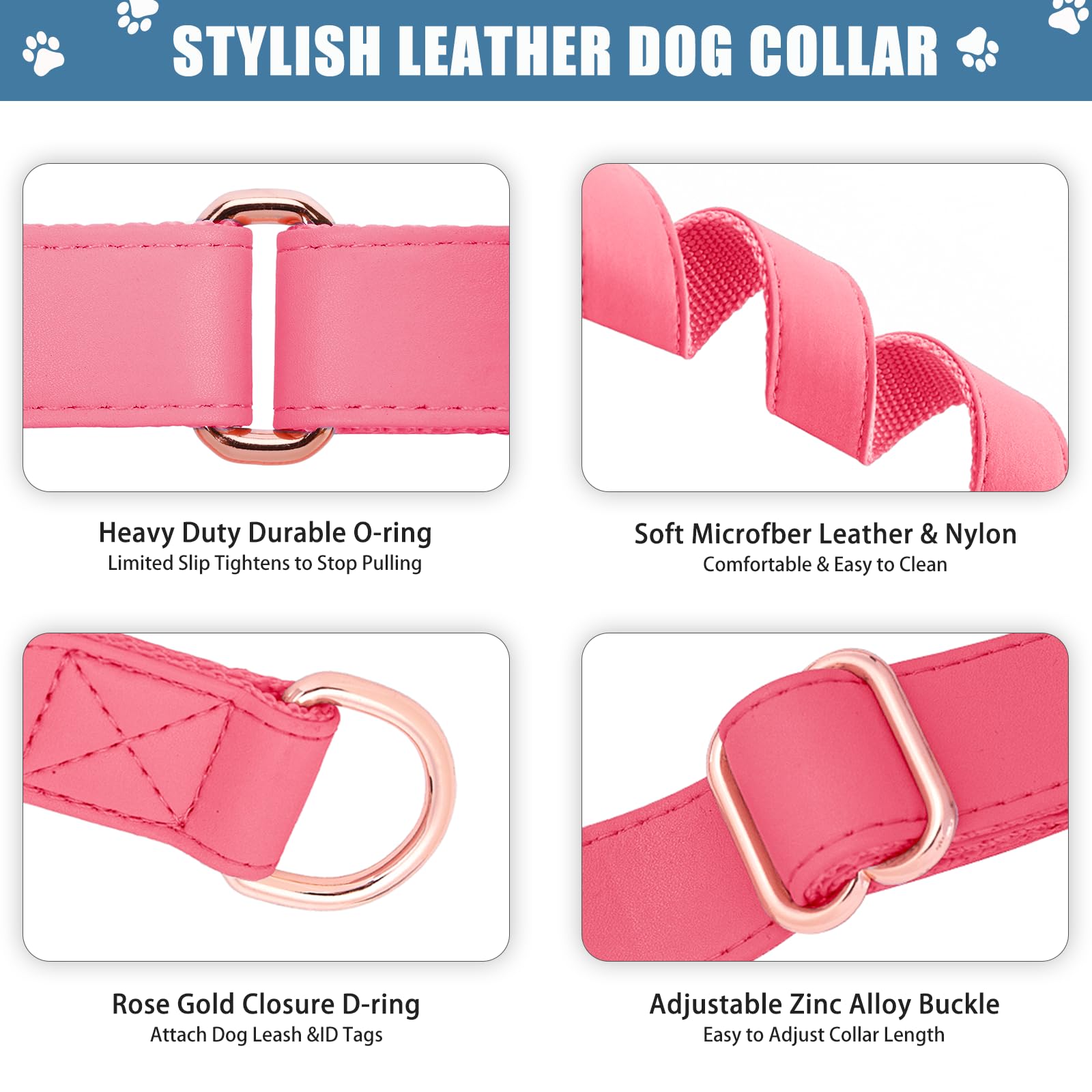 Soft Leather Martingale Dog Collar - Adjustable Rose Gold Limited Slip Collars [Easy to Clean], Stylish Durable Heavy Duty Nylon