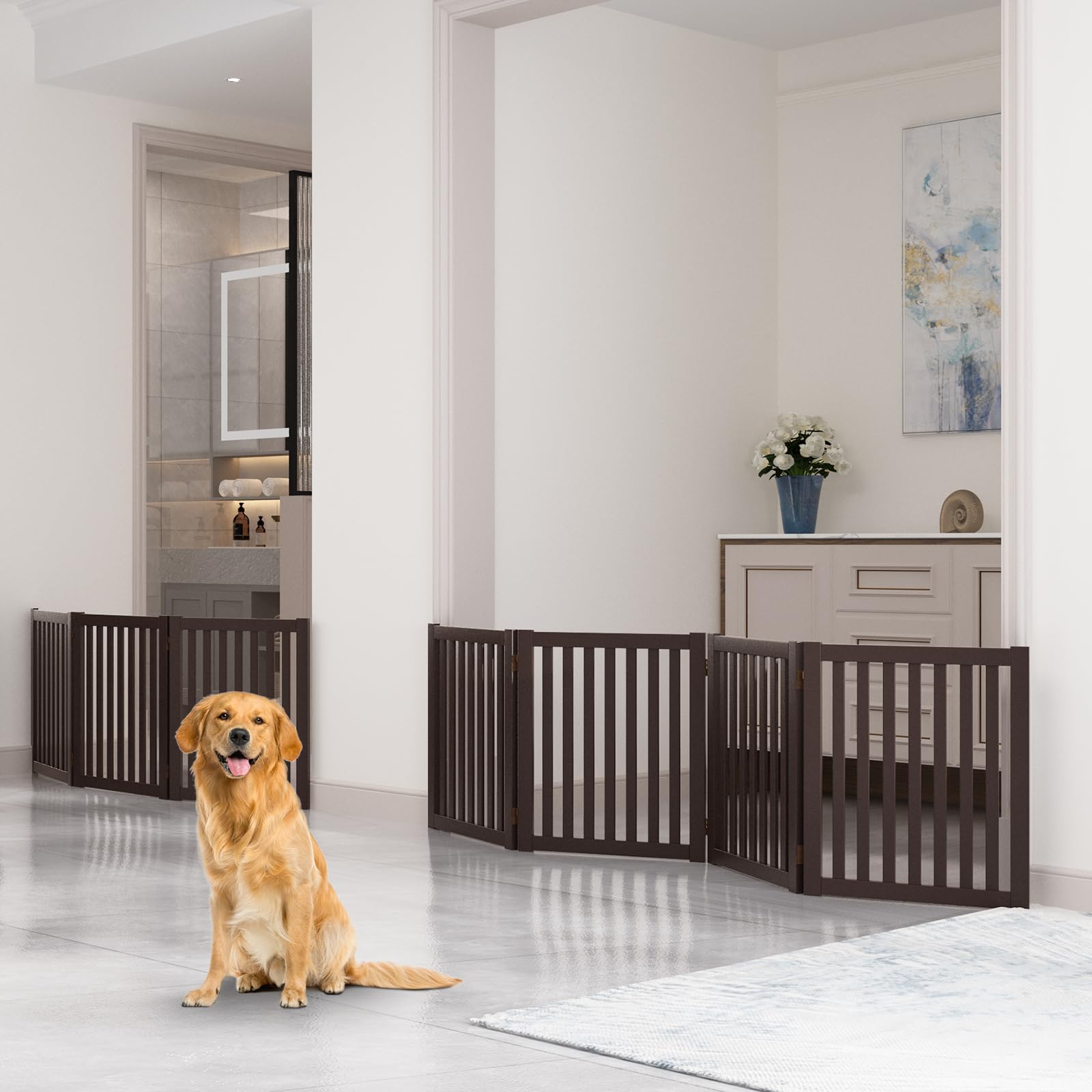 WELLAND 24'' Freestanding Pet Gate, Foldable Wooden Dog Gate, 4 Panel Step Over Fence, Indoor Puppy Gate, Expands Up to 80'' Wid