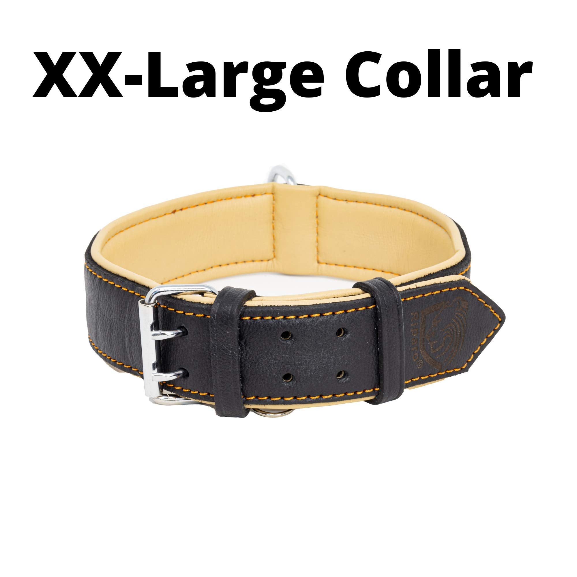 Riparo Genuine Leather Padded Dog Heavy Duty K-9 Adjustable Collar (L, Black/Orange Thread)
