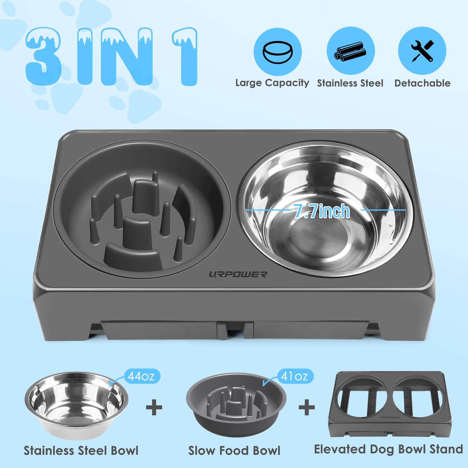 URPOWER Raised Slow Feeder Dog Bowls 4 Height Adjustable Elevated Dog Bowls with Stainless Steel Dog Water Bowl and Dog Slow Fee
