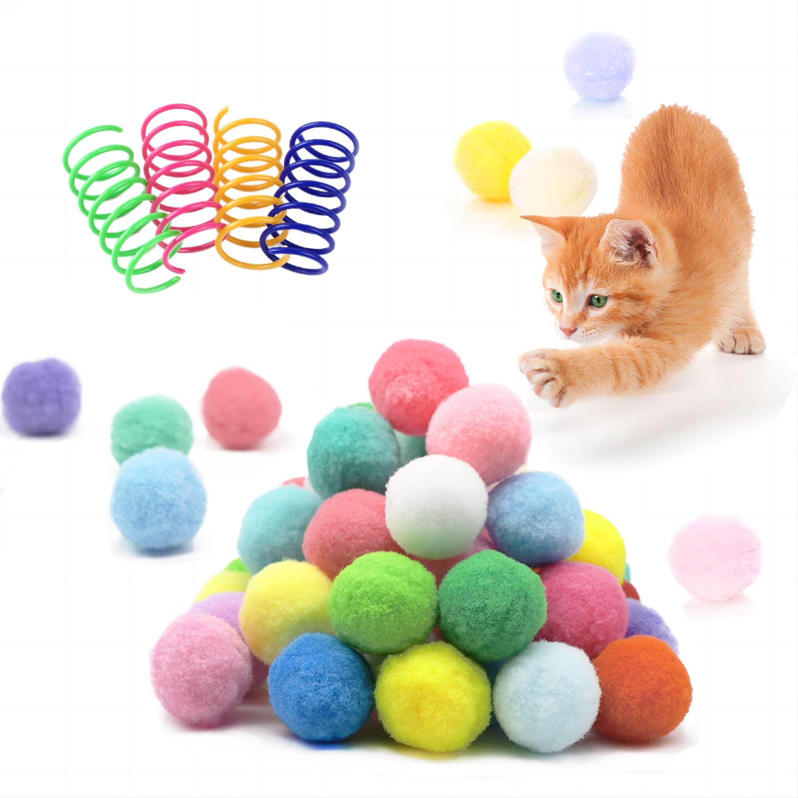 BaiKevin 30 Pcs Premium Silent Pom Pom Balls, Interactive Lightweight Pom Pom Balls, Assorted Colors Cat Balls (1.2 inches), wit