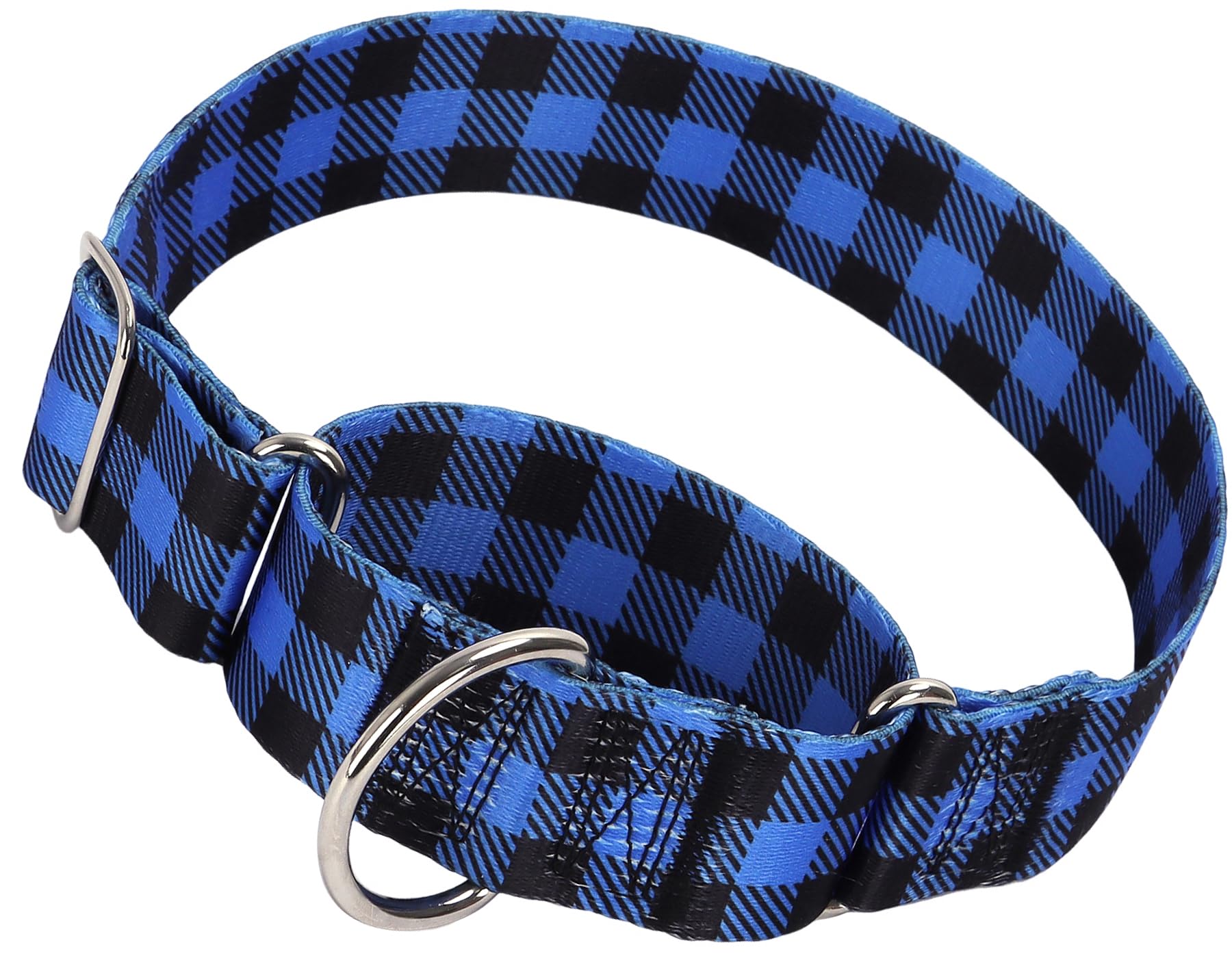 Wide Martingale Collar For Dogs Large Medium Extra Large With Blue Plaid Design, No Pull Choke Cinch Escape Proof Training Colla