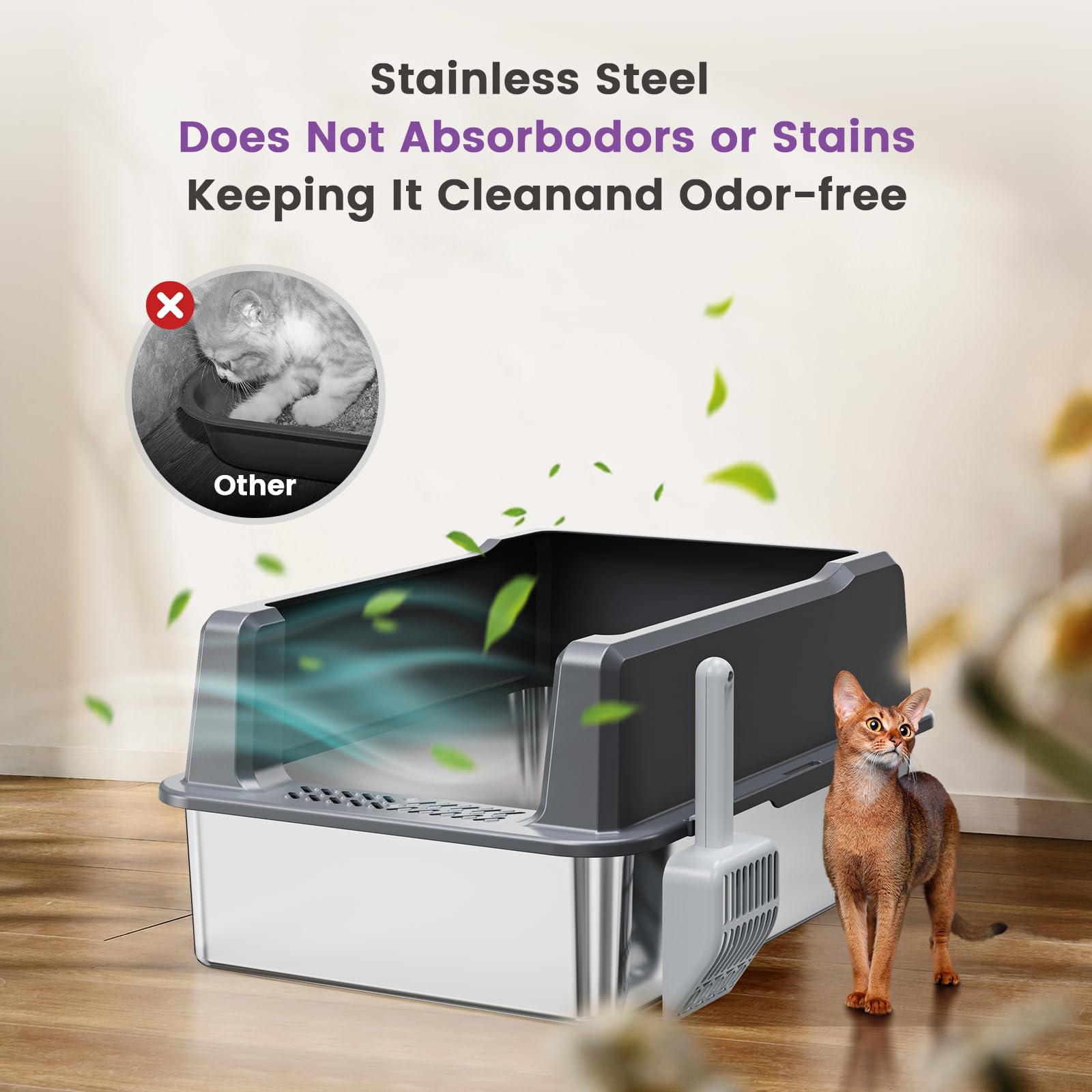 Pematar Extra Large Stainless Steel Cat Litter Box with Lid, 26"x18"x12", Dark Gray, Anti-Leakage, Easy Cleaning, Model MTCDH002-GREY