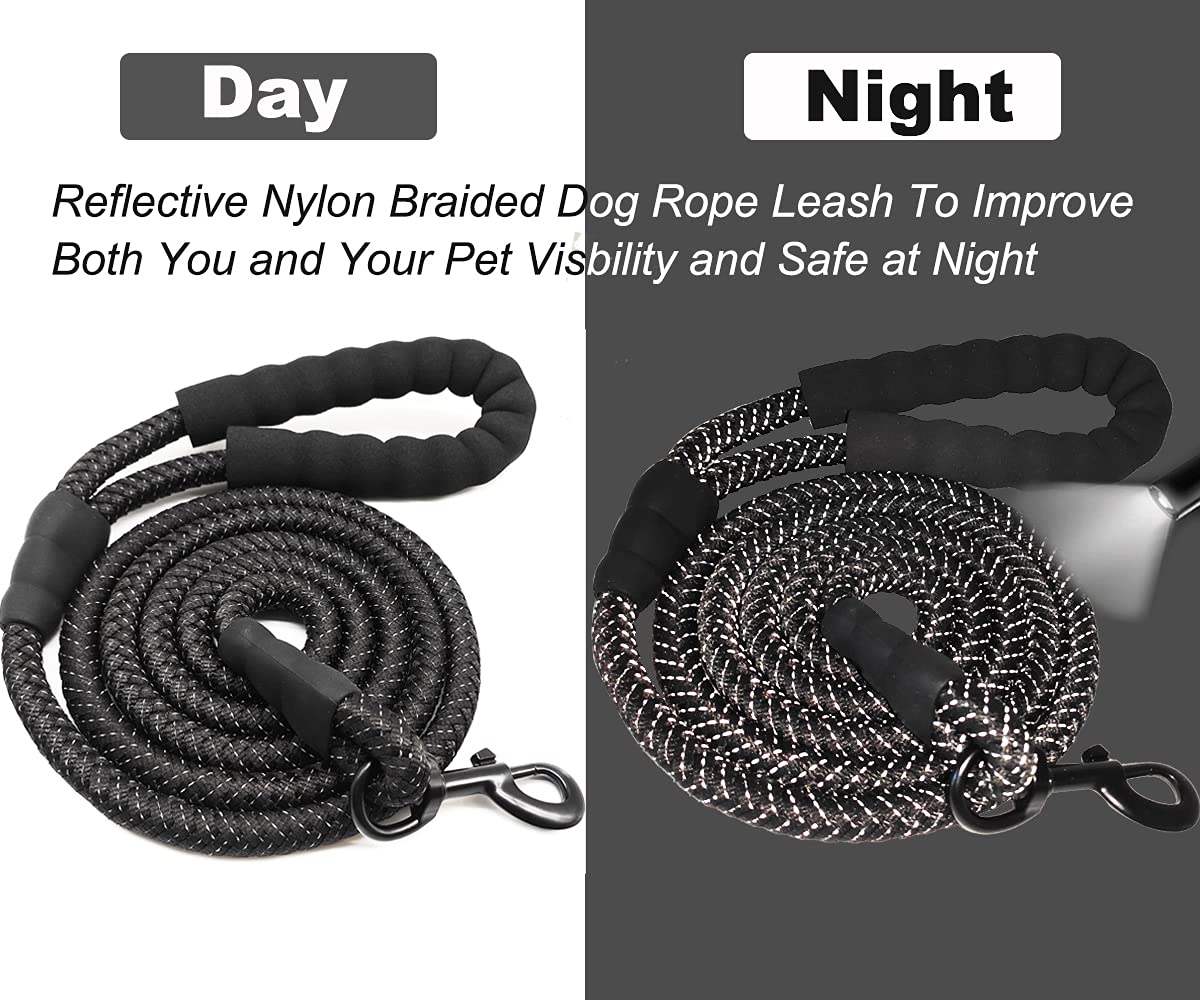 Mycicy 6Ft 10Ft Strong Dog Leash Black Rope Leash Highly Reflective Threads With Soft Padded Handle For Small Medium Large Dogs