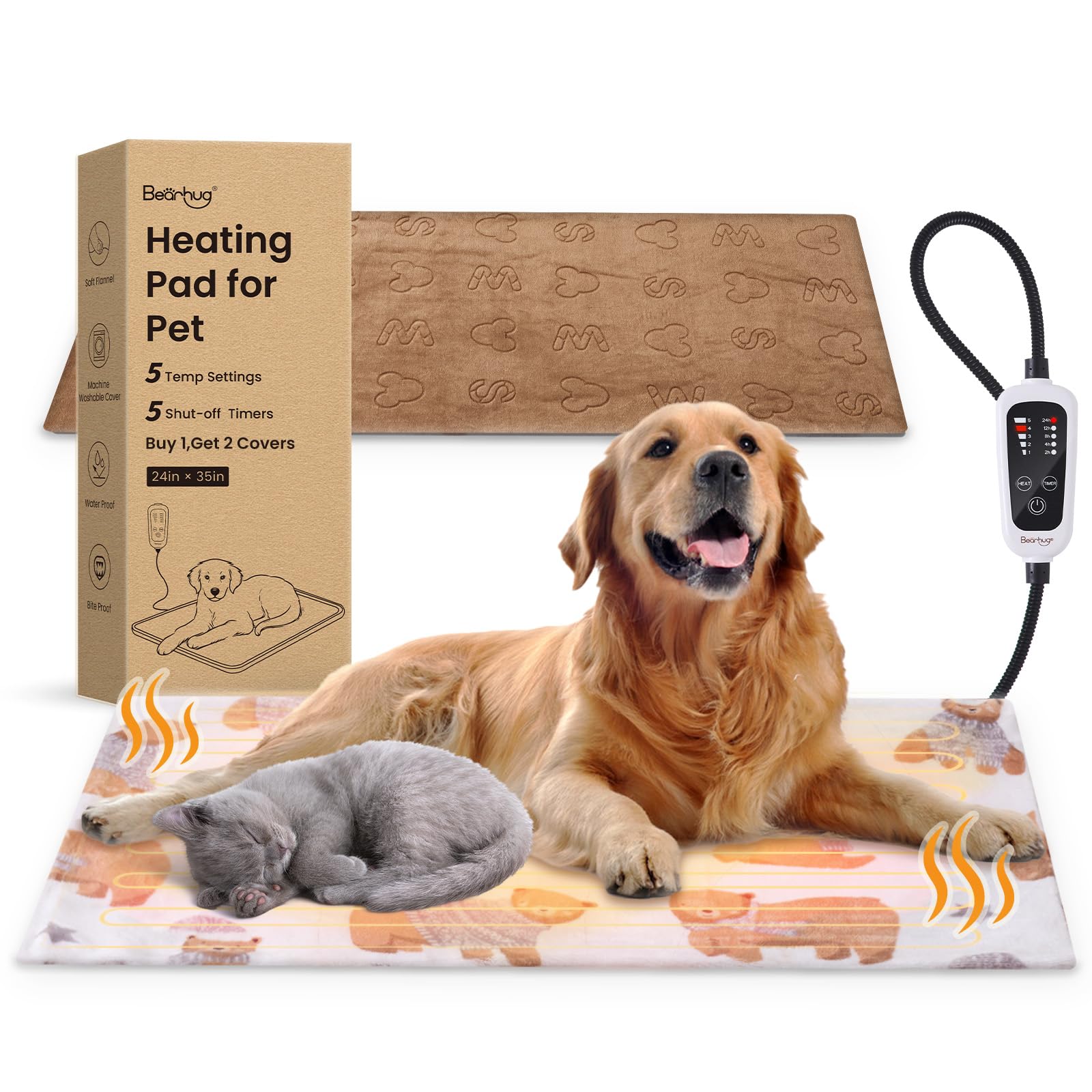 Bearhug Dog Heating Pad, Pet Heating Pad 35''  24''[Two Replaceable Cover] Adjustable Temperature Heated Cat Bed With Steel-Wrap