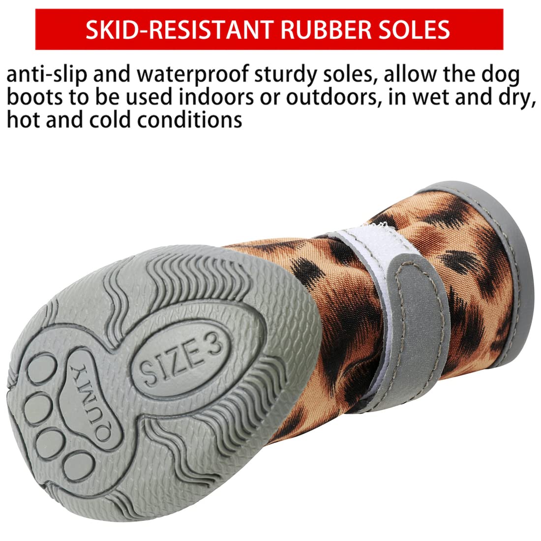 Qumy Dog Shoes For Small Dog, Puppy Dog Boots & Paw Protectors For Winter Snow Day, Summer Hot Pavement, Waterproof In Rain Weather, Ourdoor Hiking, Indoor Hardfloors With Non-Slip Sole Leopard Size 4