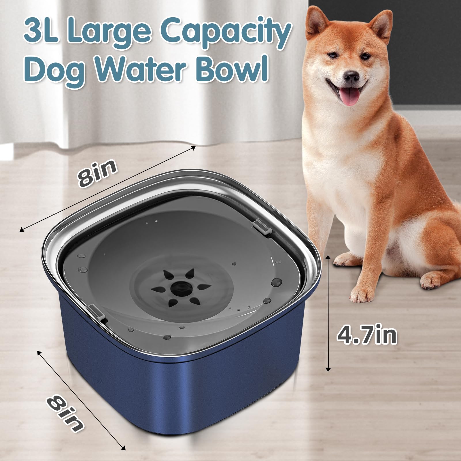 UPSKY 3L Stainless Steel Dog Water Bowl - 101oz No Spill Pet Feeder, Dark Blue Travel Water Dispenser for Large Dogs