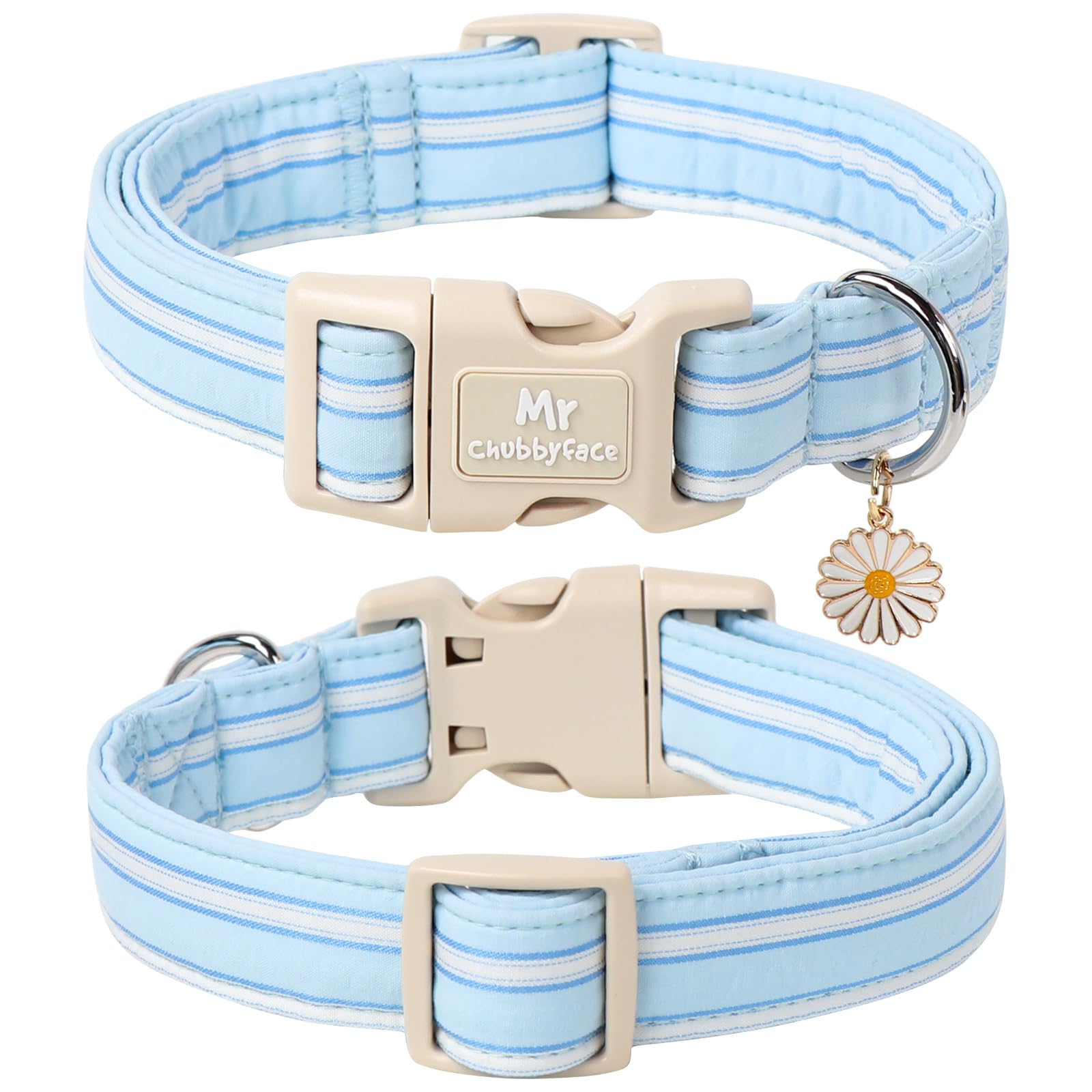 Mr.Chubbyface Cotton Dog Collar, Cute Blue Summer Puppy Collar With Plastic Buckle, Adjustable Soft Natural Fabric Pet Collar Fo