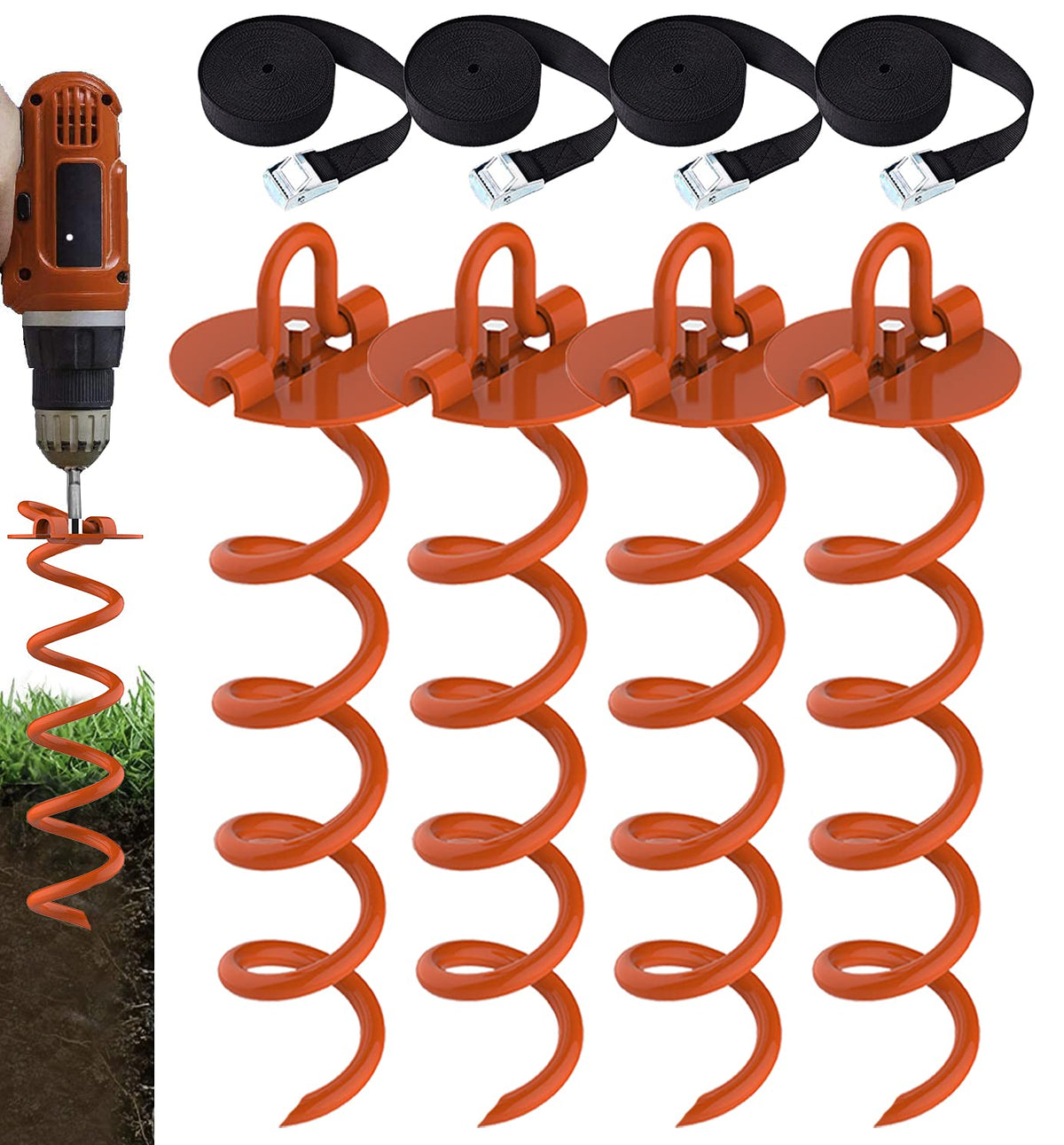 Eurmax Usa 4-Pc Pack Trampoline Anchor Spiral Stakes Heavy Duty Anchor Kit For Trampoline, Tents, Tarps, Canopies,Car Ports,Dog Tie Out And Etc (Orange)