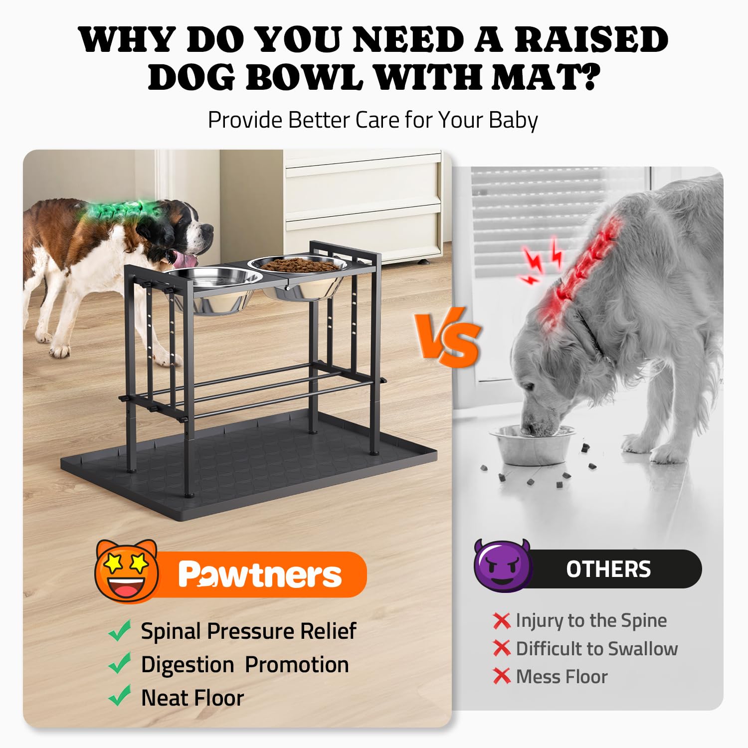 Raised Metal Dog Bowls - Large Breed, 3 Heights, Sturdy Stand For Extra Large Dogs, Black With Mat