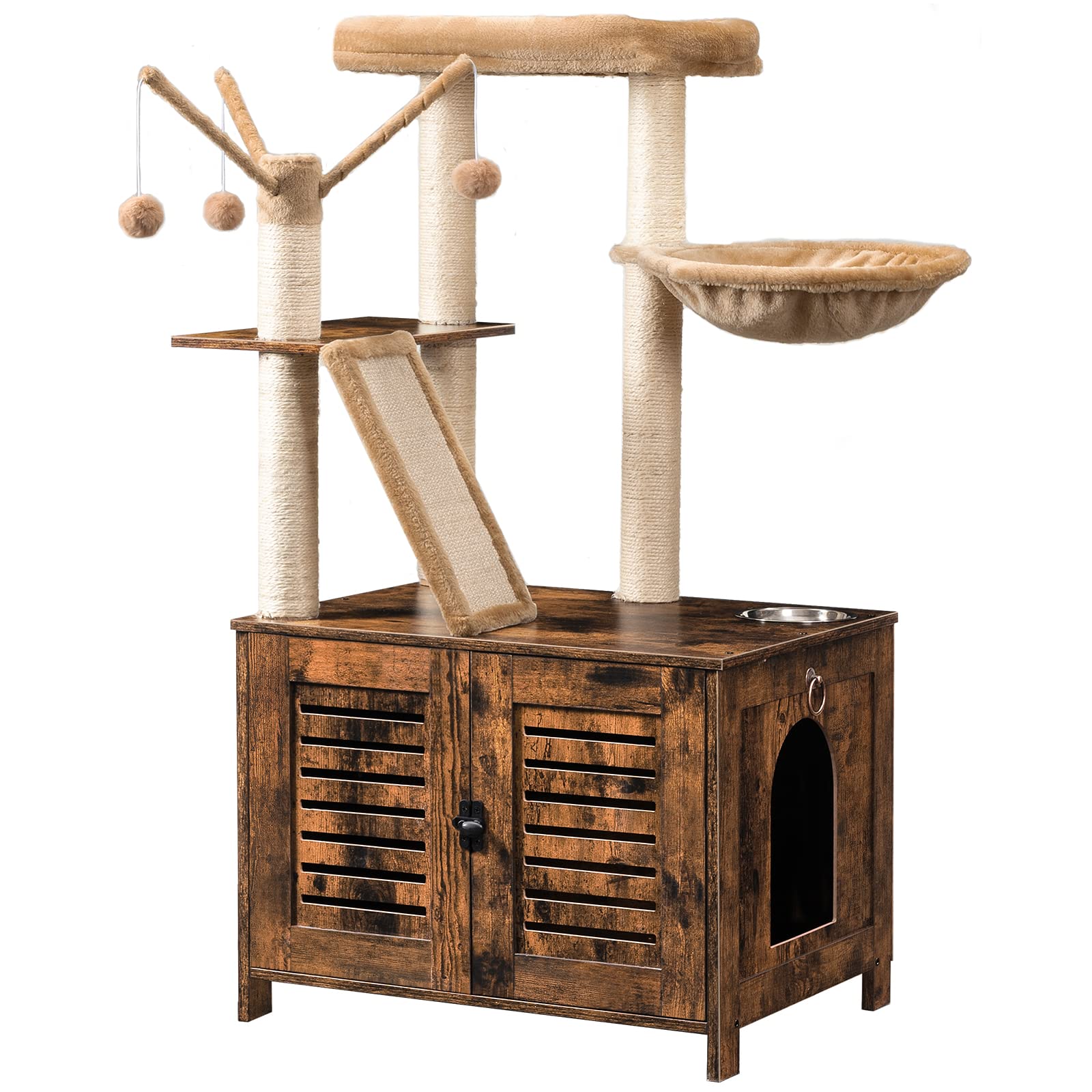 HOOBRO Cat Tree with Litter Box Enclosure, 44 Tall Wooden Cat Tower with Scratching Posts, Cat Hammock, Hidden Litter Box Furnit