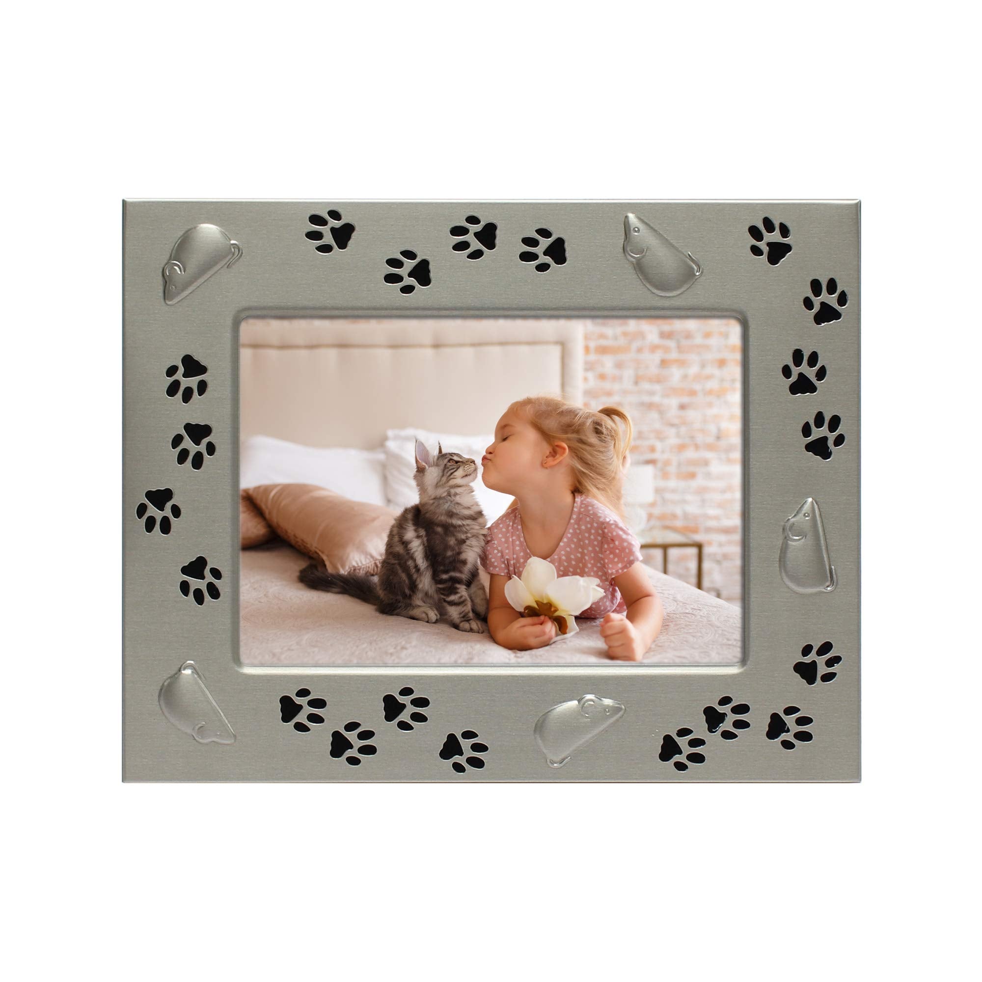 Mimosa Moments Metal Pet 4X6 Pewter Picture Frame For Cat With Mouse & Paw Print