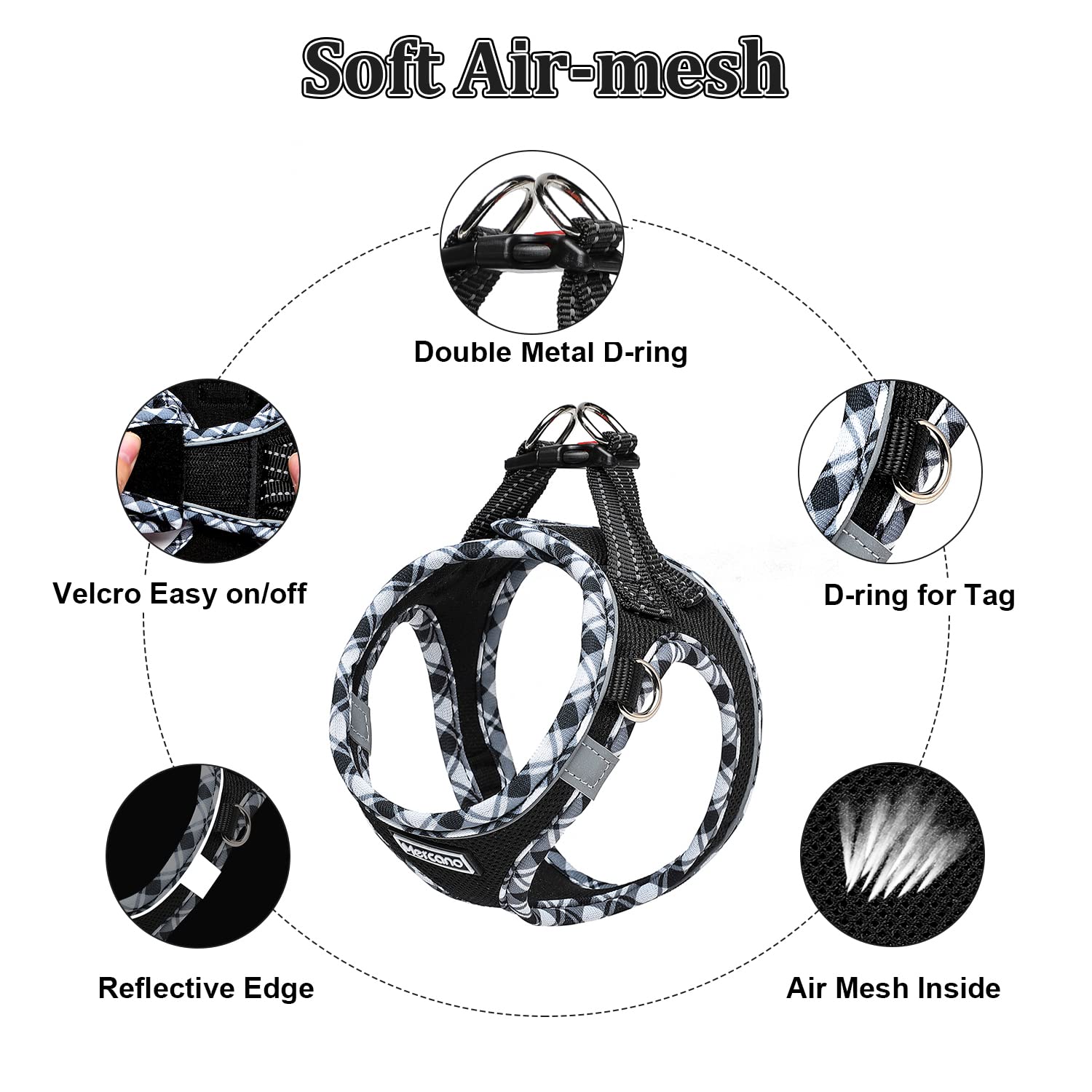 Mercano Soft Mesh Dog Harness & Leash Set, Reflective, Lightweight, Medium, Black White, Model MC001