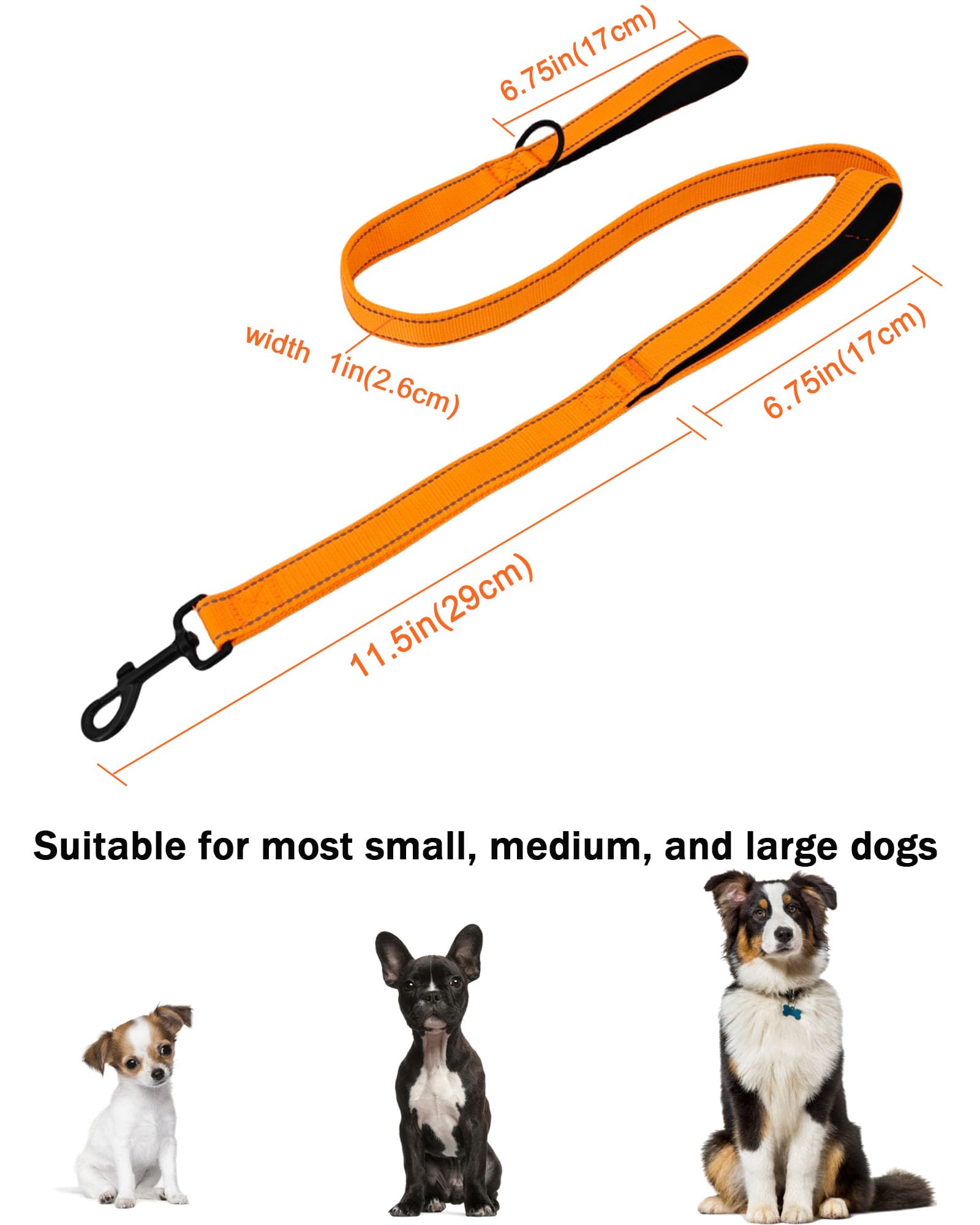 Solmoony 4Ft Orange Strong Dog Leash With 2 Padded Handles, Traffic Handle Extra Control, Double-Sided Reflective Walking Lead F