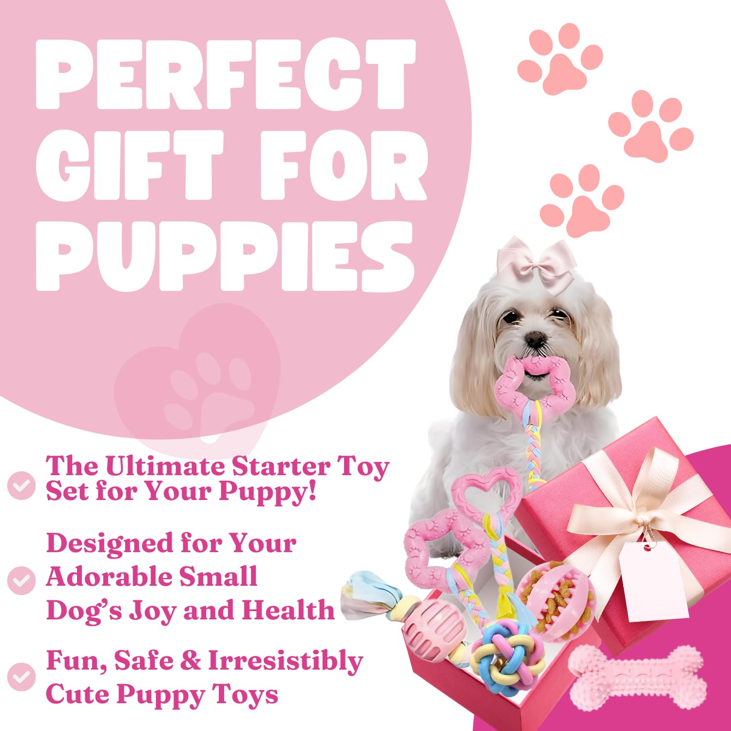 Pink Puppy Toys, 6- Pack Teething Chew Toys, Soft Durable Rubber Teething Toys For Puppies Small Breeds, Eco-Friendly, Interacti
