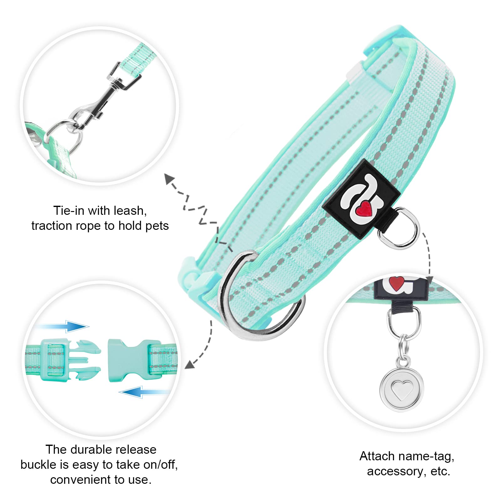 Azuza Reflective Dog Collar,Soft Neoprene Padded Pet Collar With Id Tag Ring,Adjustable For Large Dogs,Teal,L